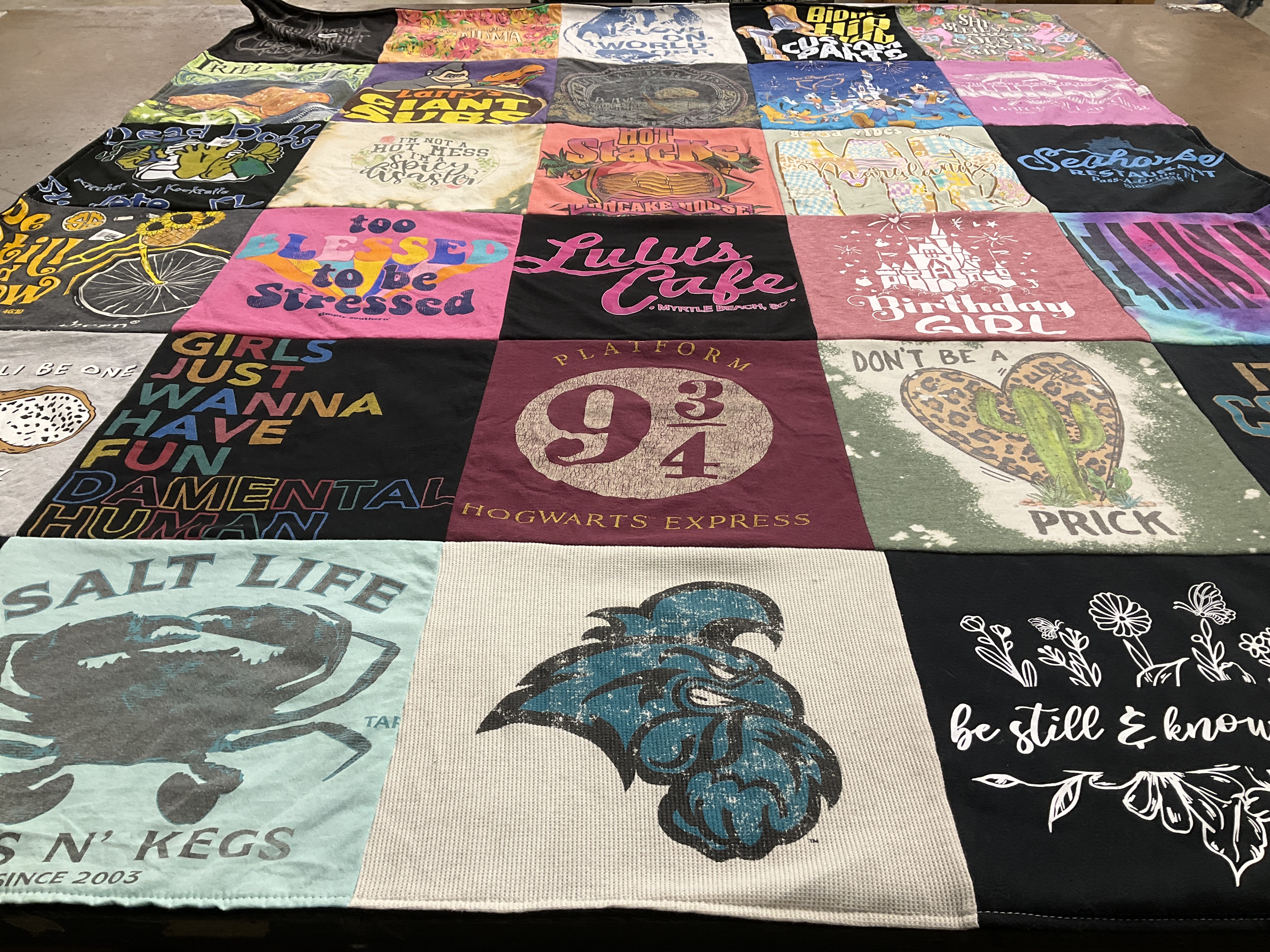 T-shirt quilt with parties, hobbies themes by Lisa from PA