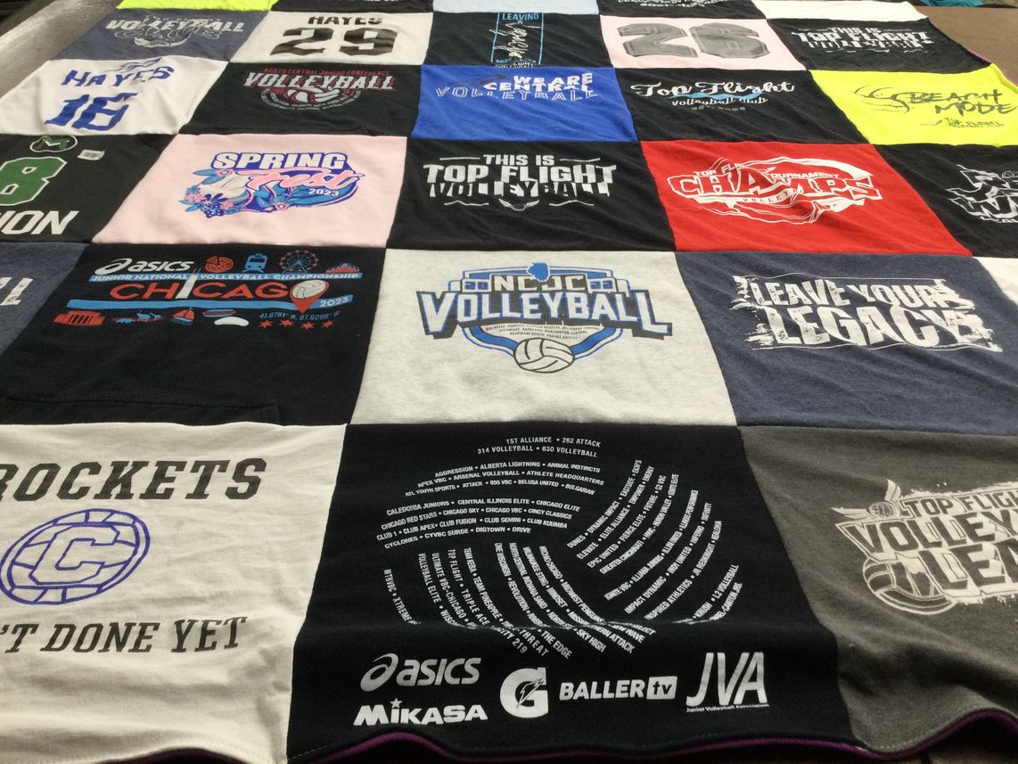 T-shirt quilt with volleyball themes by Amy from IL