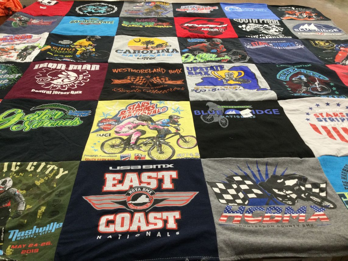T-shirt quilt with bmx, cycling themes by Donna from PA