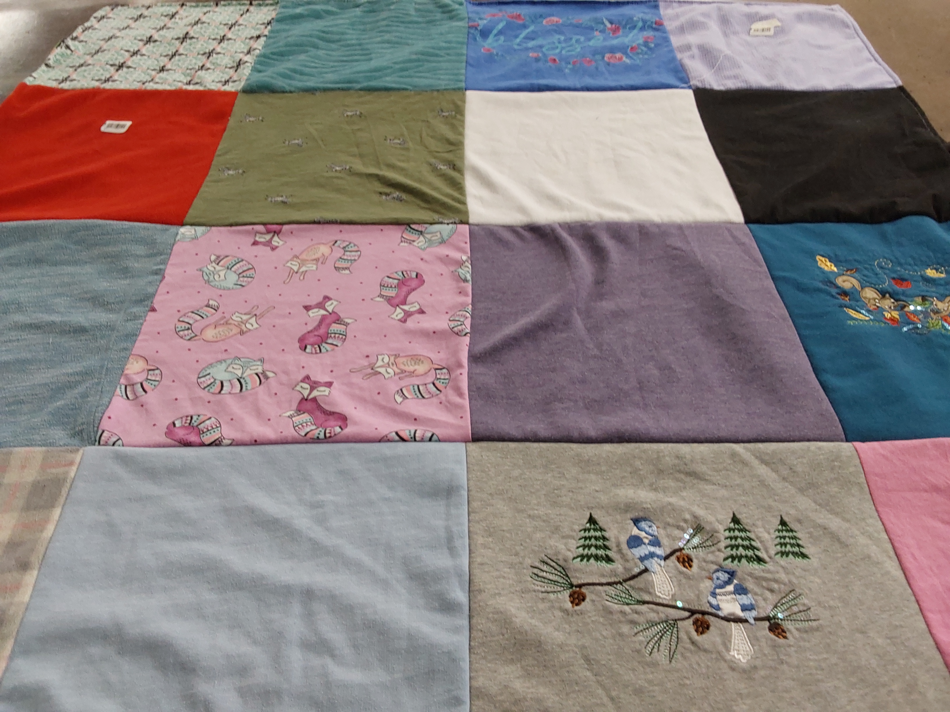 T-shirt quilt with cats, birds themes by Katrina from AR