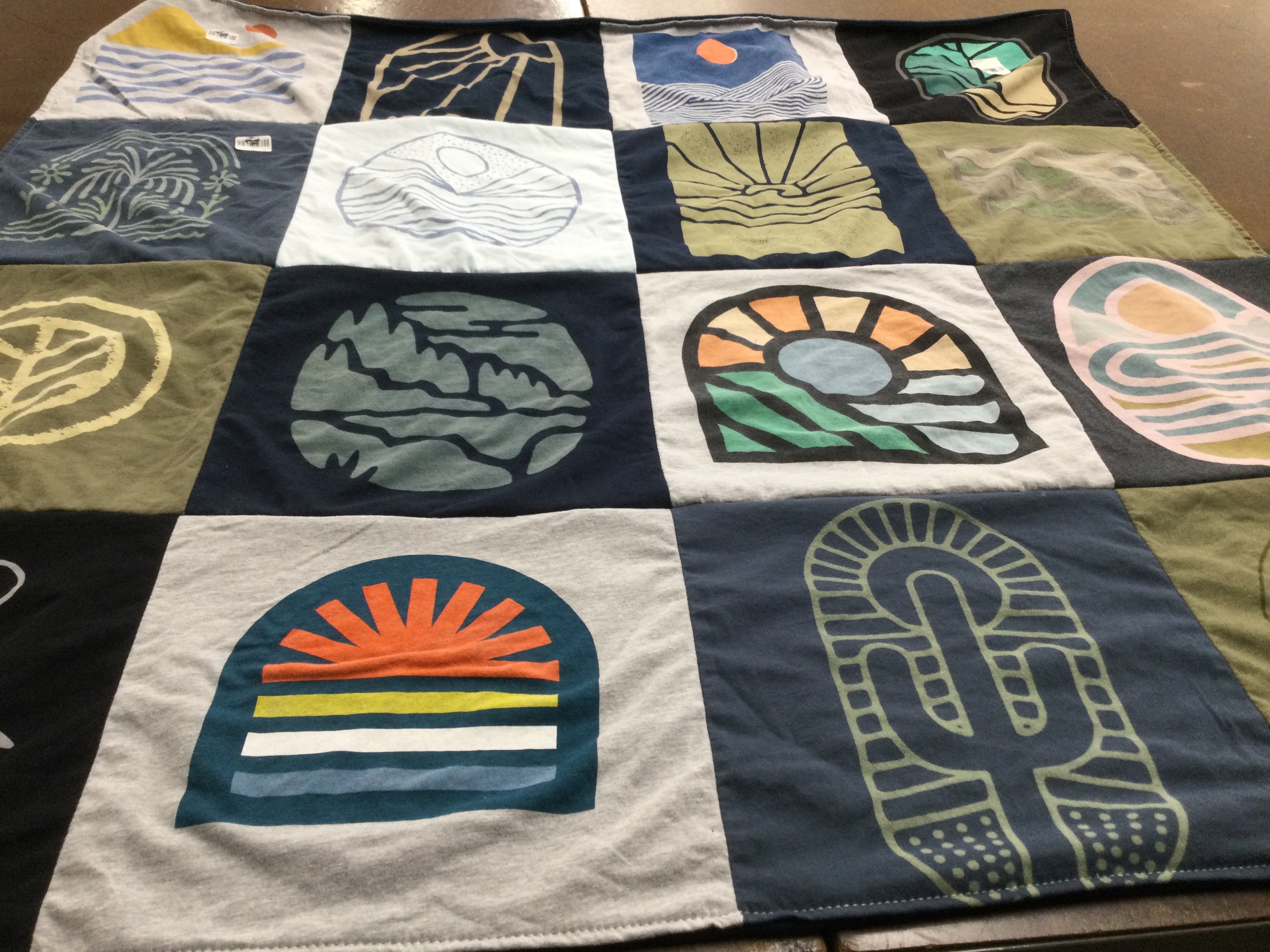 T-shirt quilt with nature, outdoor activities themes by Susan from IN