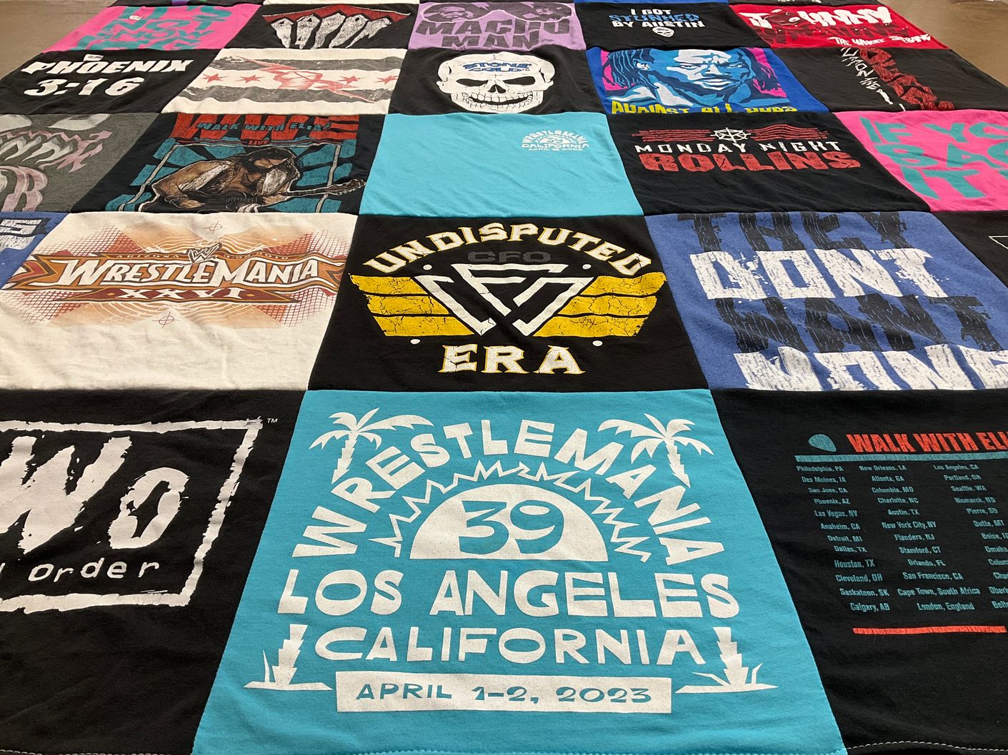 T-shirt quilt with wrestling, sports entertainment themes by Alicia from AZ