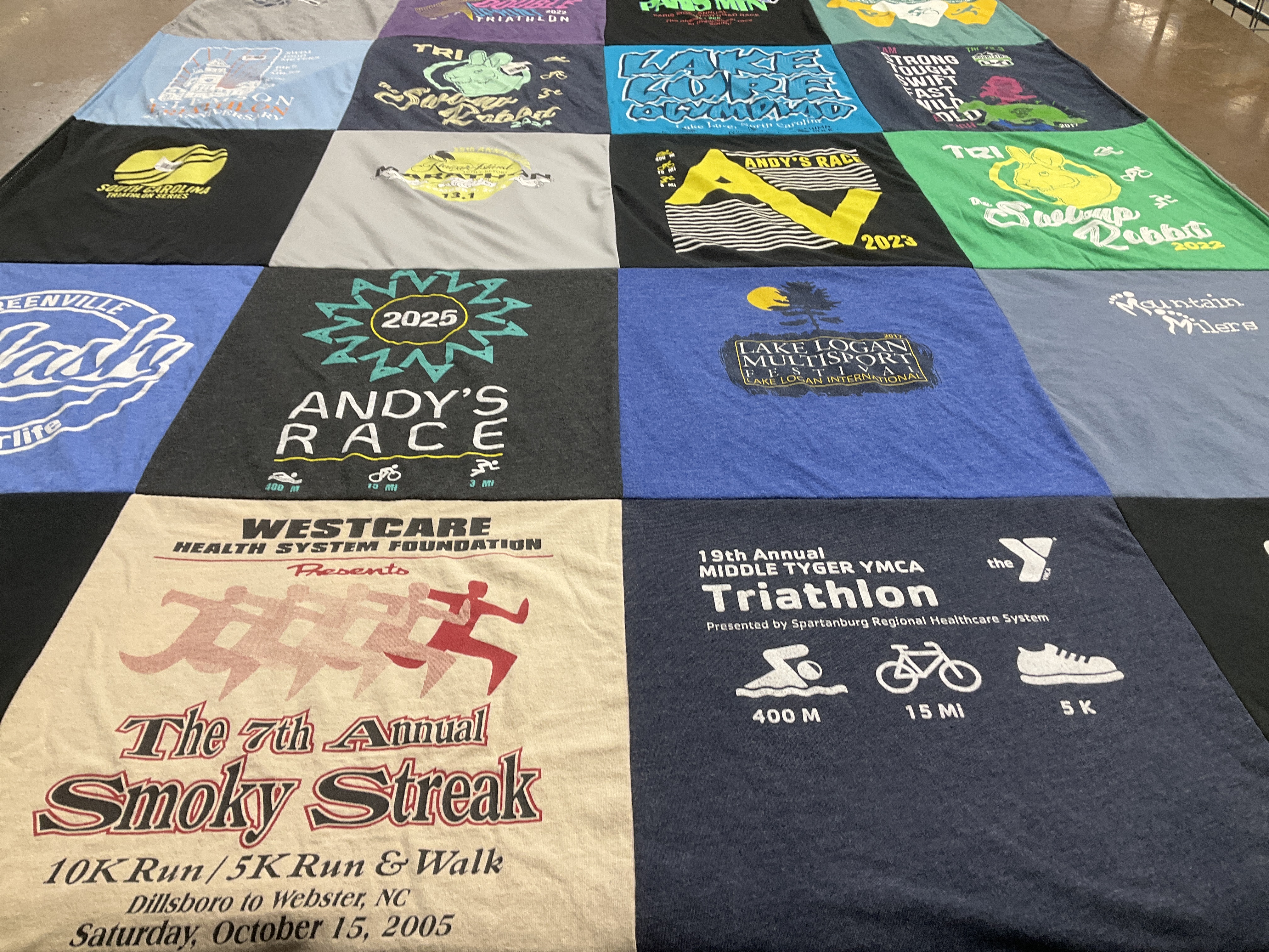 T-shirt quilt with running, triathlon themes by David from SC