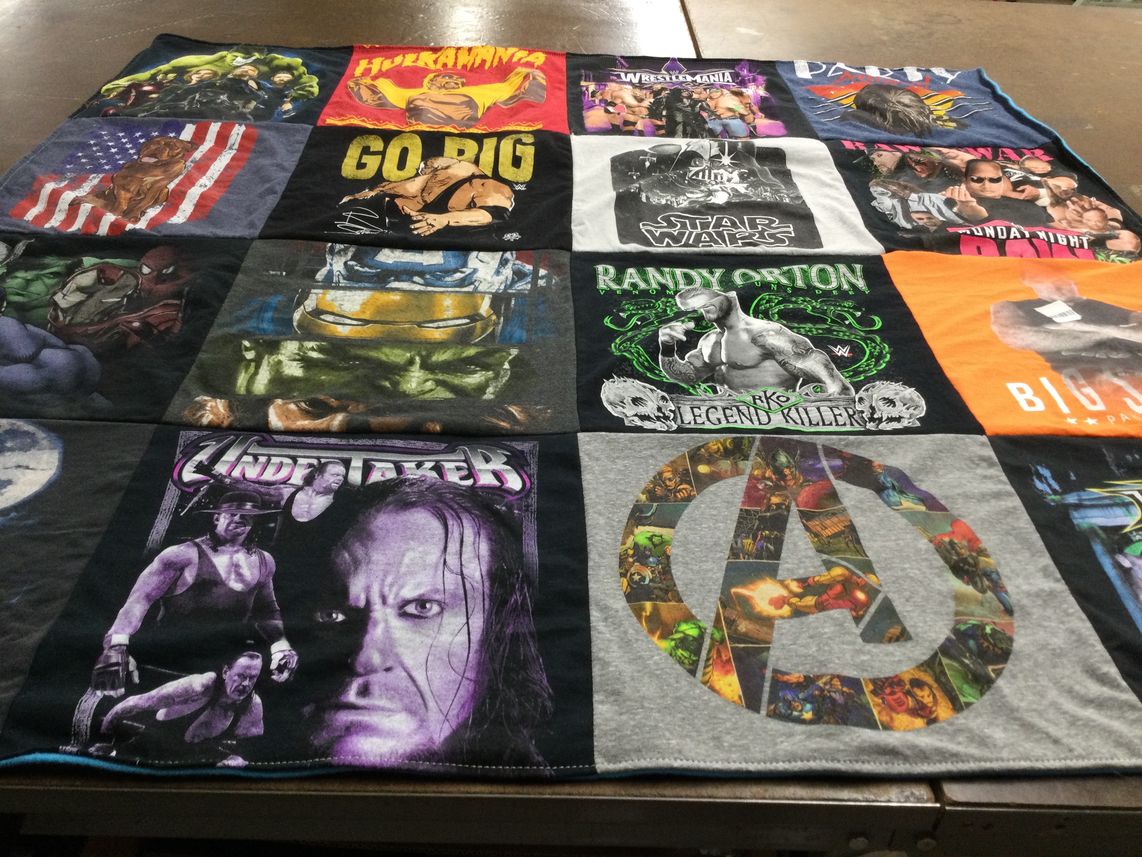 T-shirt quilt with wrestling, superheroes themes by Robyn from NJ