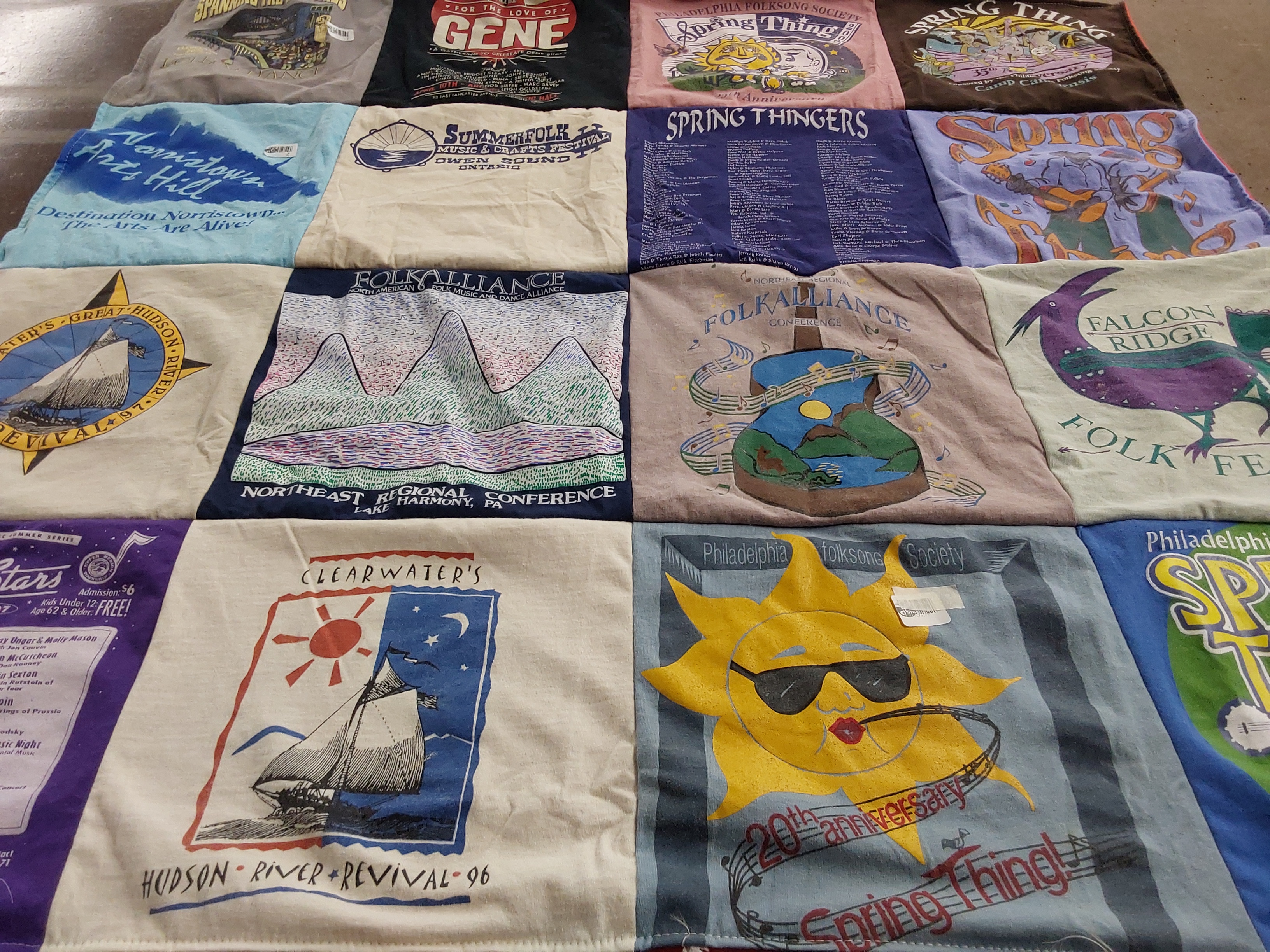 T-shirt quilt with folk music, community events themes by Christine from PA
