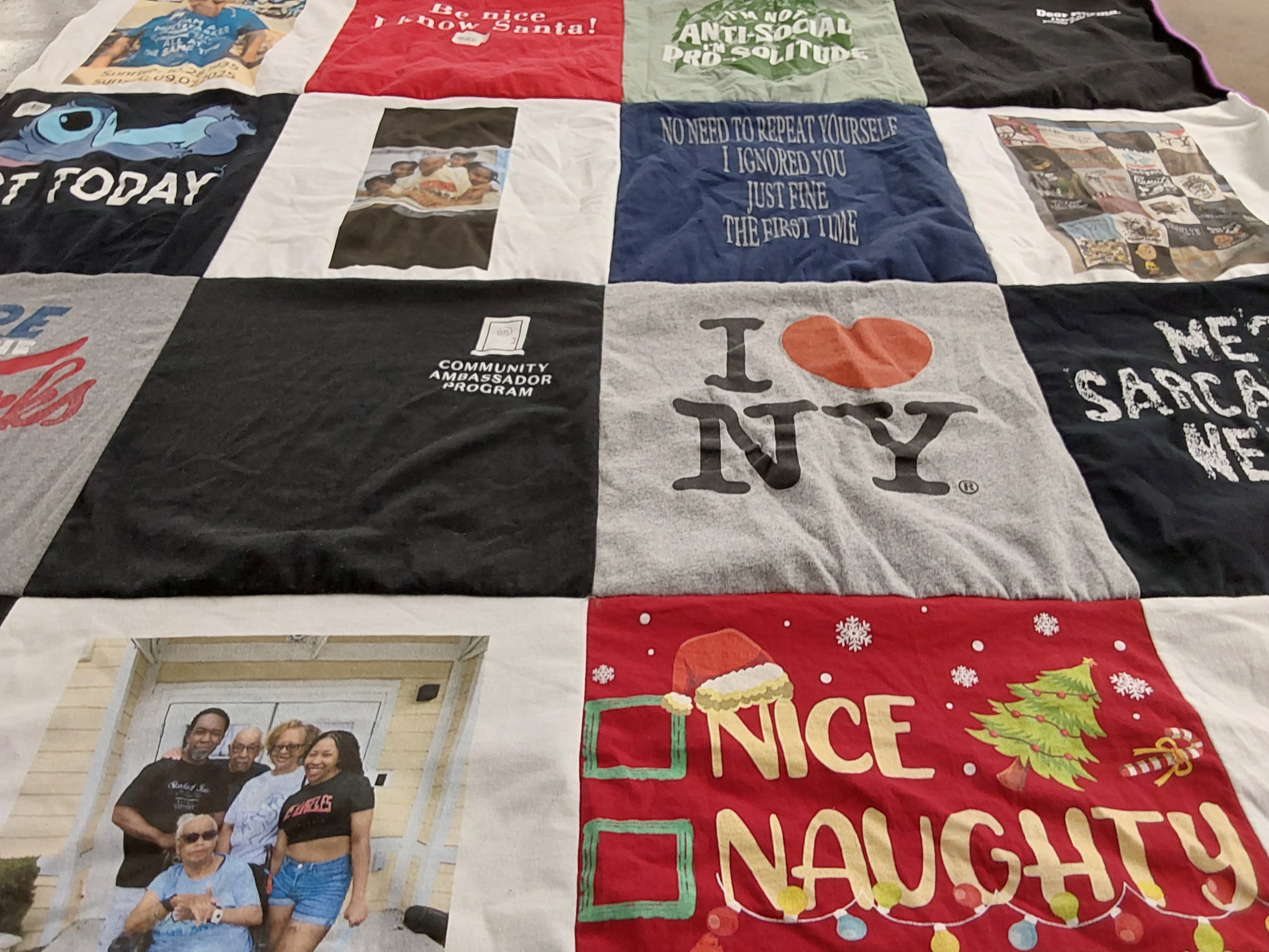T-shirt quilt with humor, community service themes by Katrina from FL