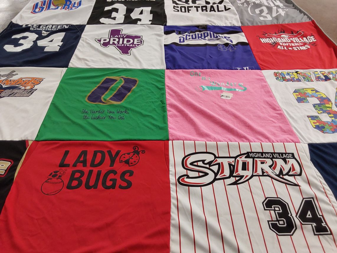 T-shirt quilt with softball, sports themes by Lauren from TX