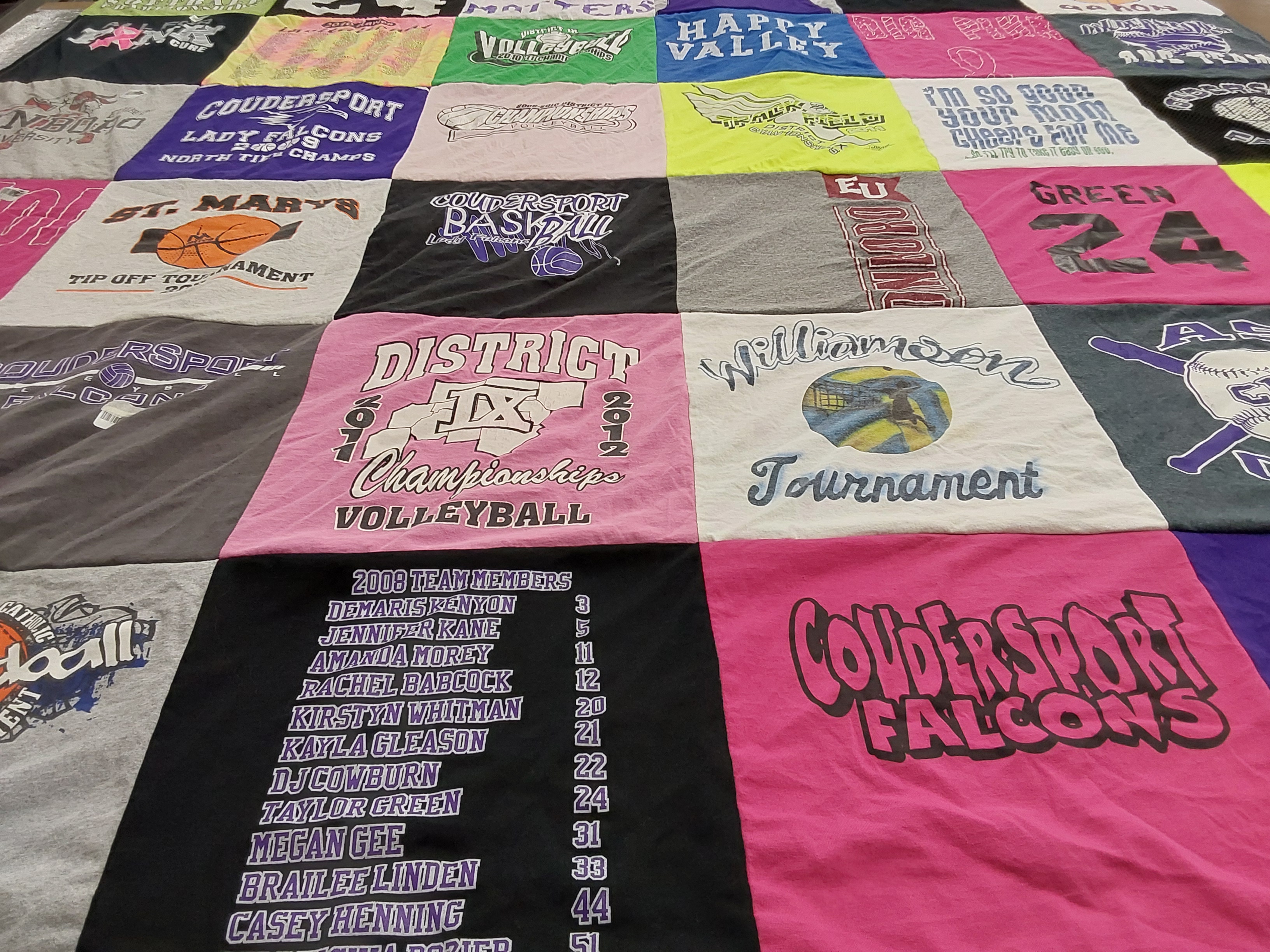 T-shirt quilt featuring coudersport falcons, st. mary's basketball by Kelly from PA