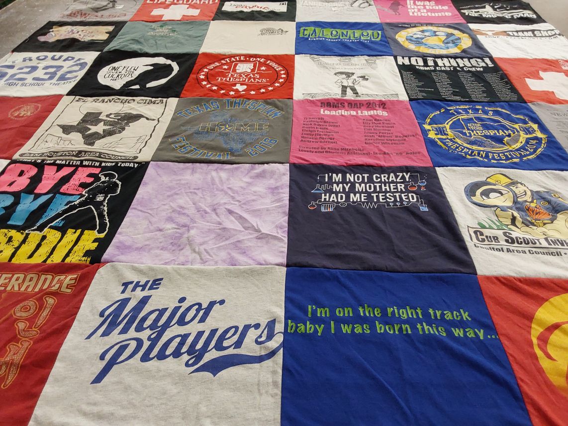 T-shirt quilt from san jacinto high school, texas state university by Christina from TX