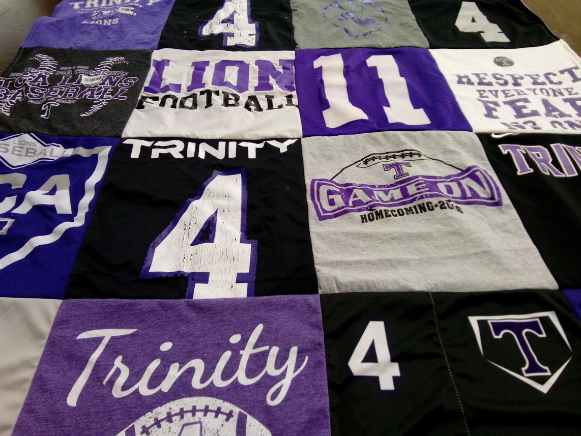 T-shirt quilt featuring trinity lions football, trinity lions baseball by Elizabeth from TN