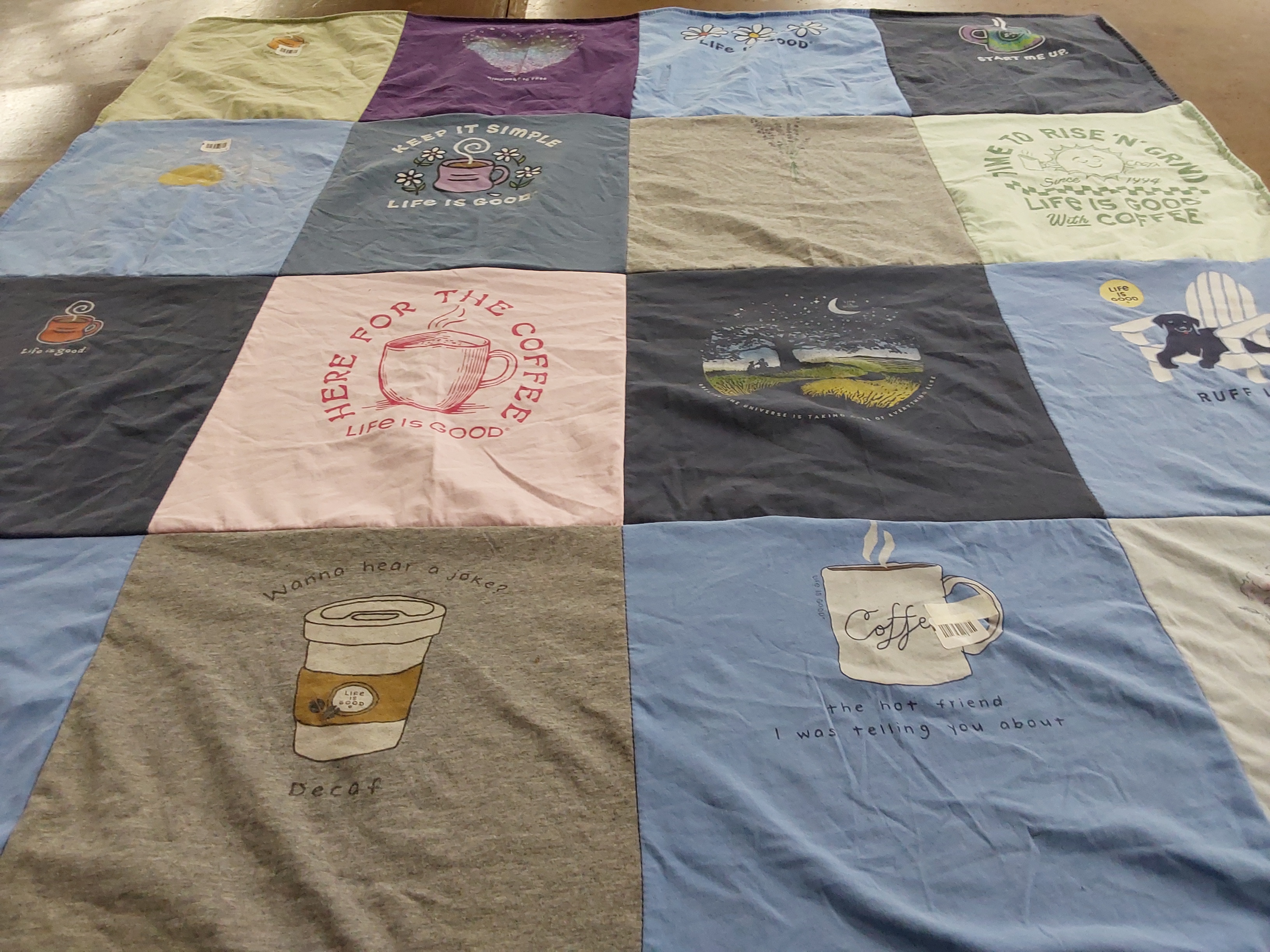 T-shirt quilt with coffee, humor themes by Leslie from NY