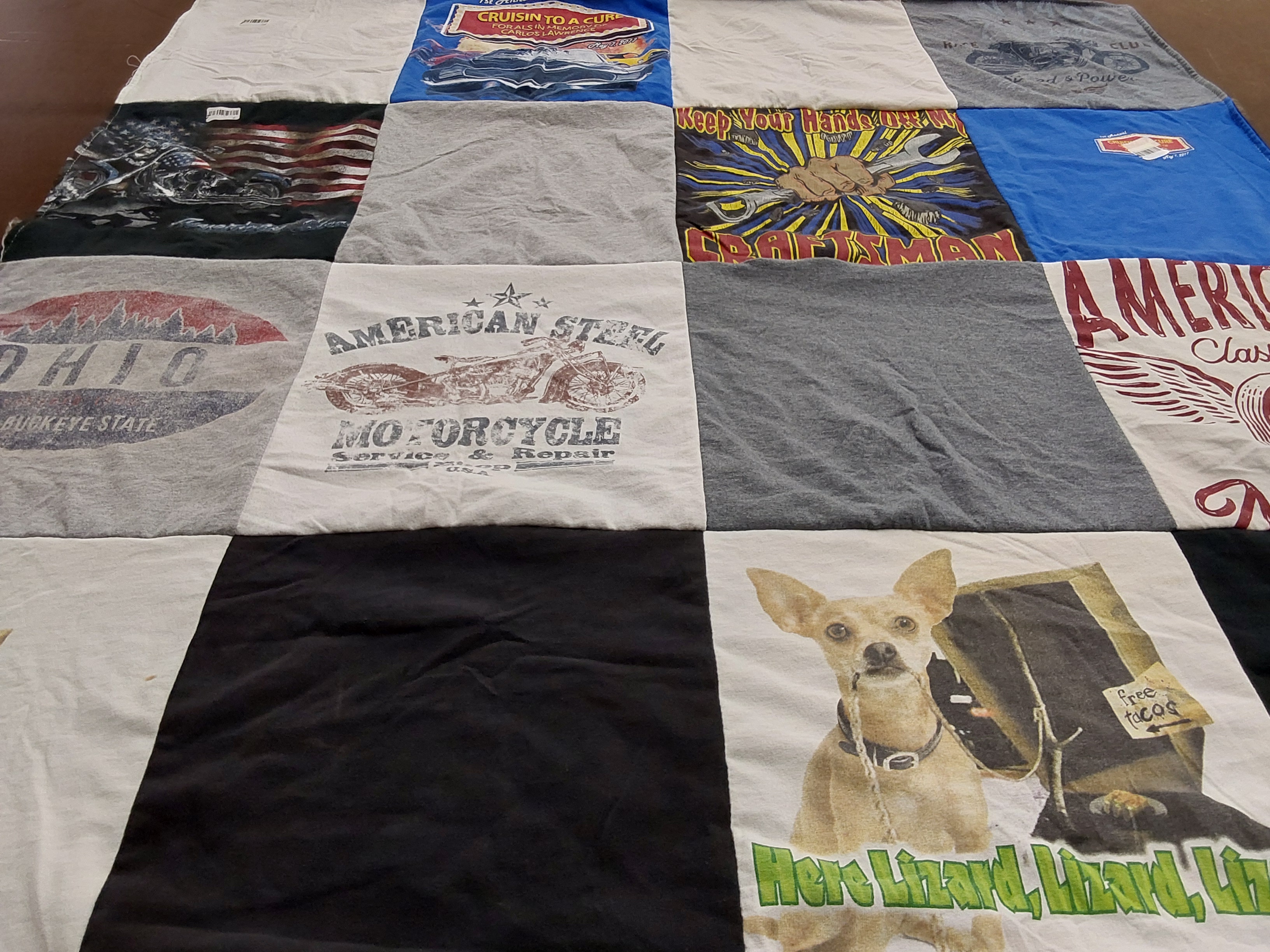 T-shirt quilt with motorcycles, pets themes by Michelle from OH