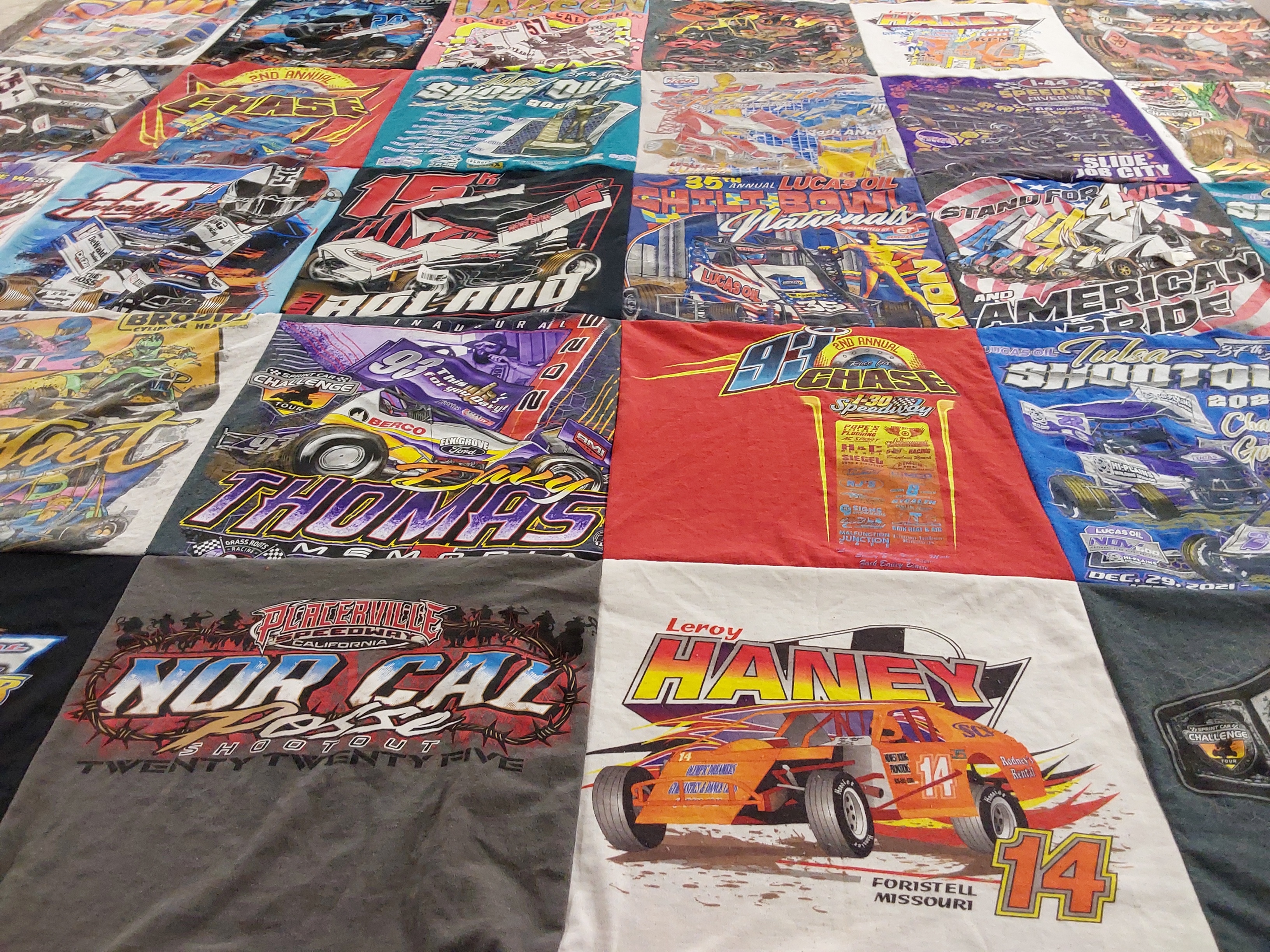 T-shirt quilt with racing, motorsports themes by Heather from CA
