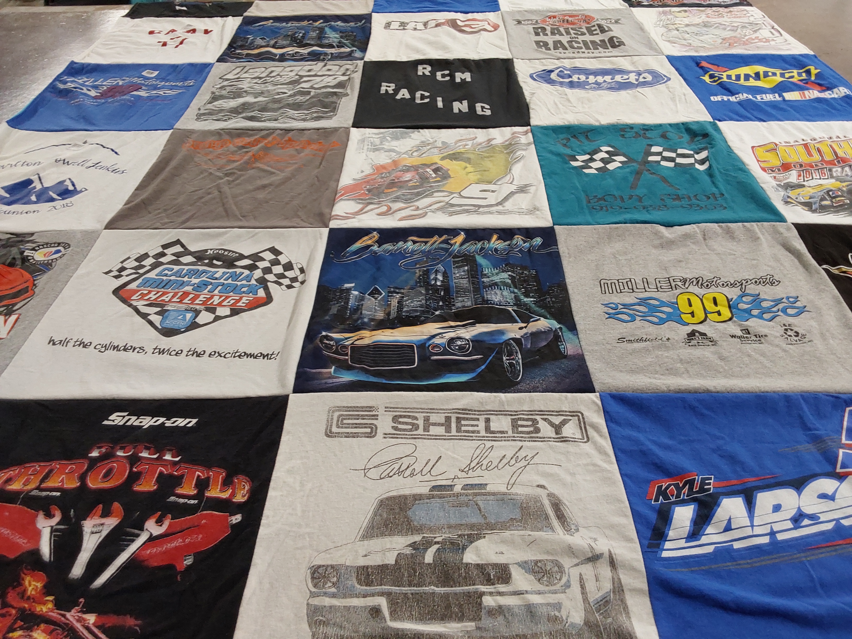 T-shirt quilt with motorsports, car racing themes by Cynthia from NC