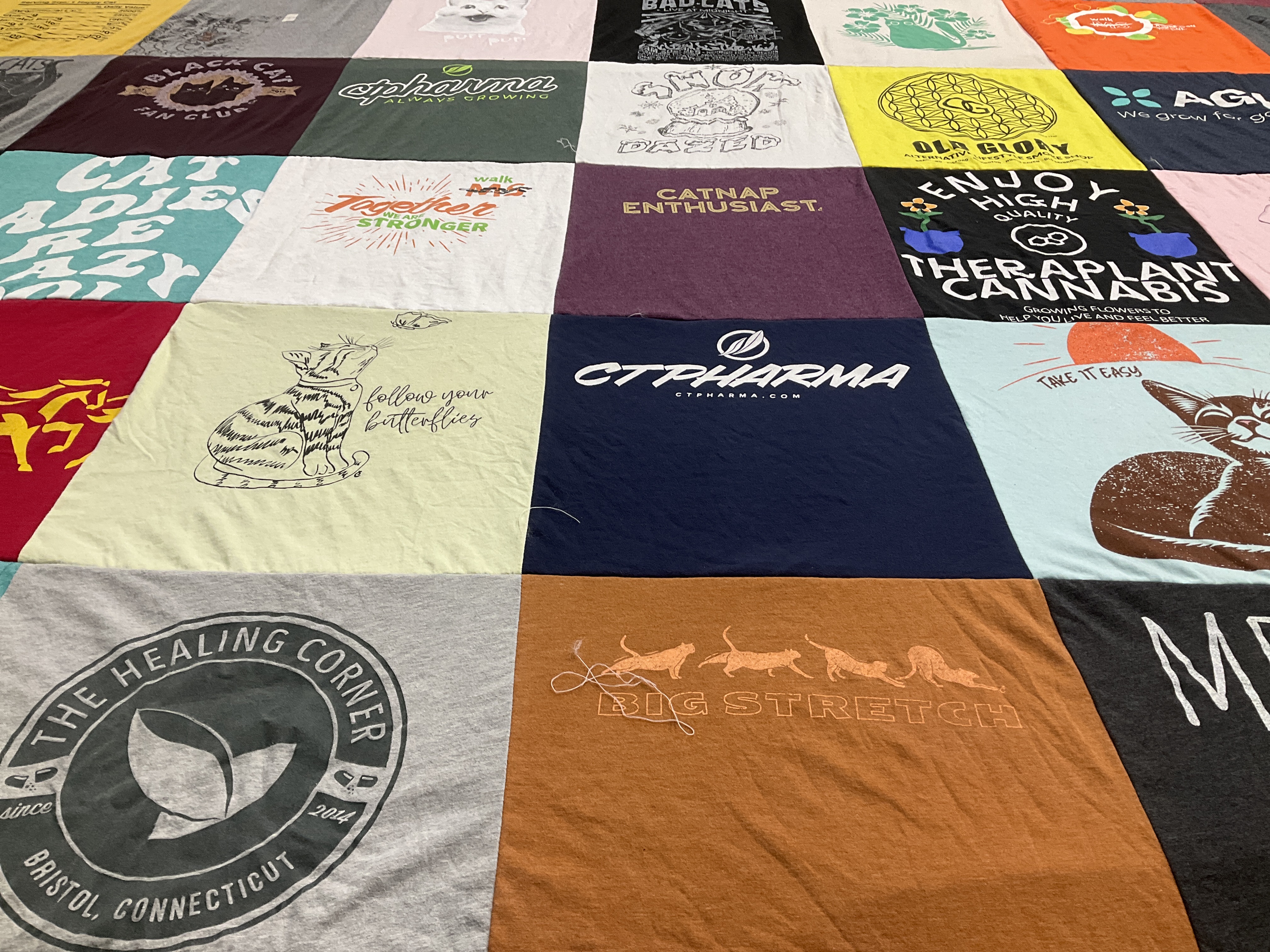 T-shirt quilt with cats, cannabis themes by Charlee from CT