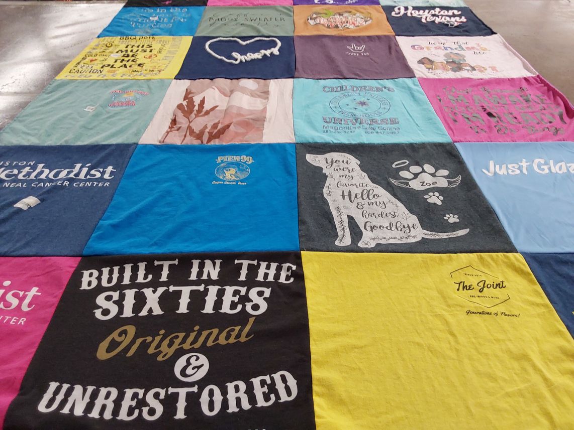 T-shirt quilt with cancer, health themes by sherry from TX