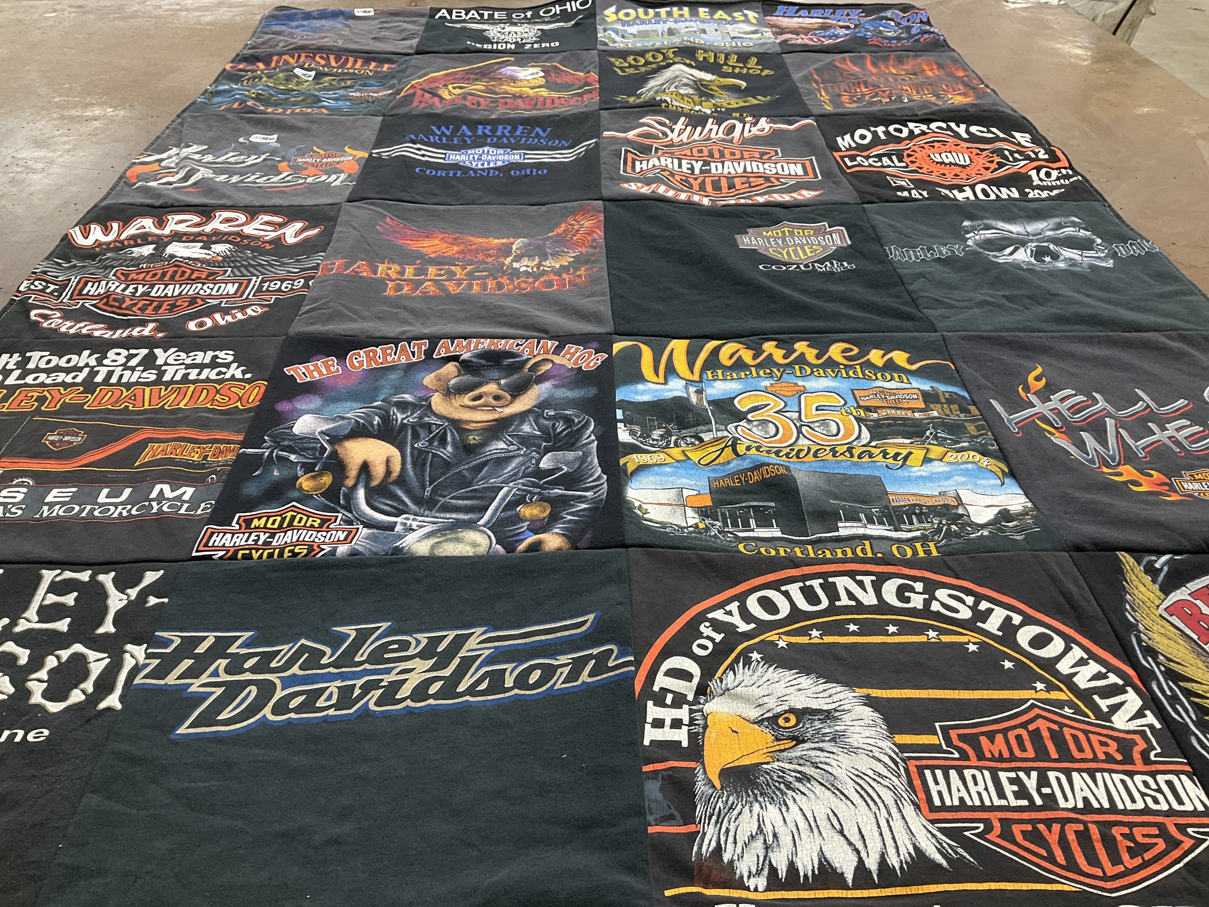 T-shirt quilt with motorcycles, biking themes by Amber from OH
