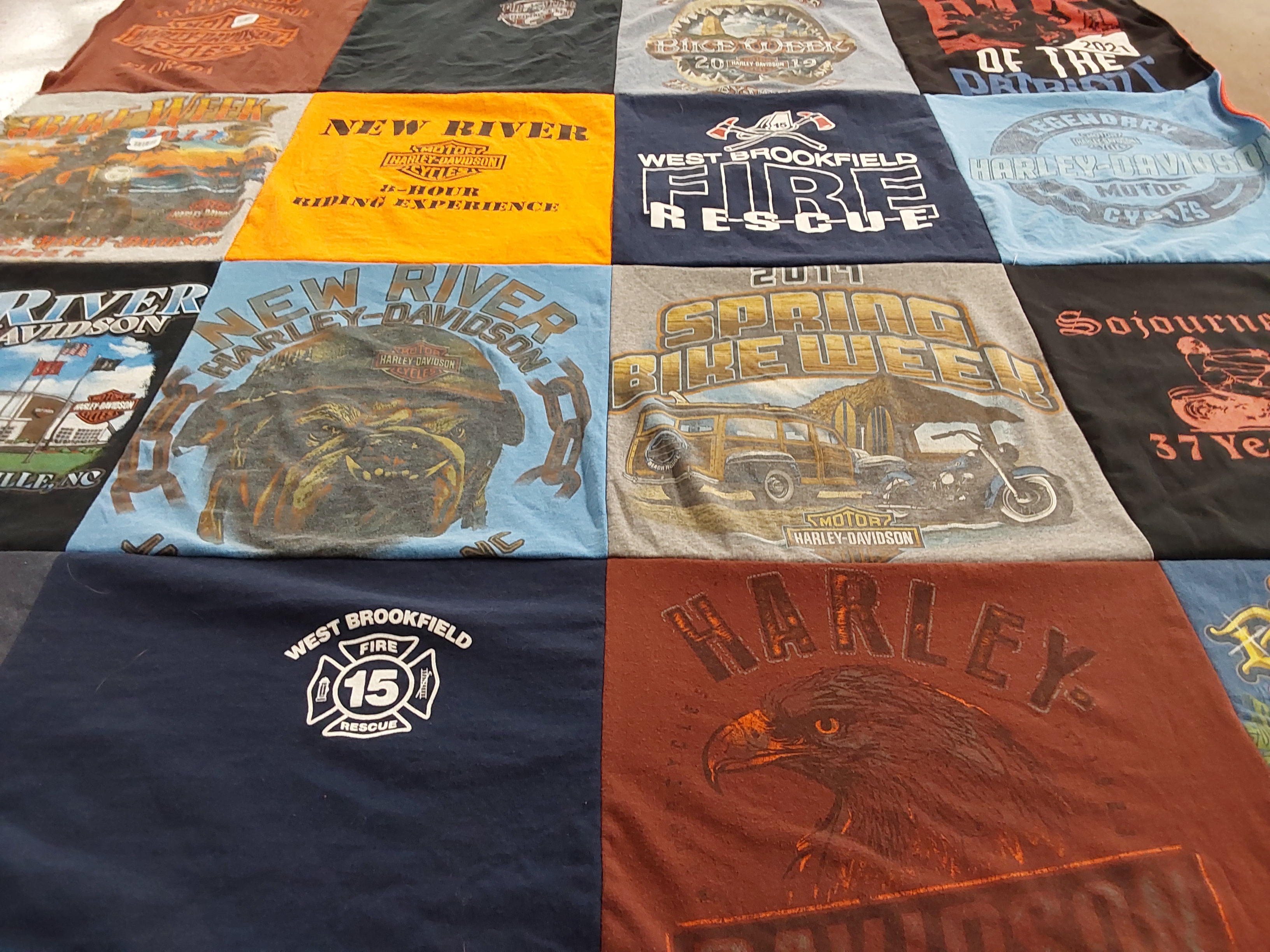 T-shirt quilt with motorcycles, biking themes by Miguel from NC