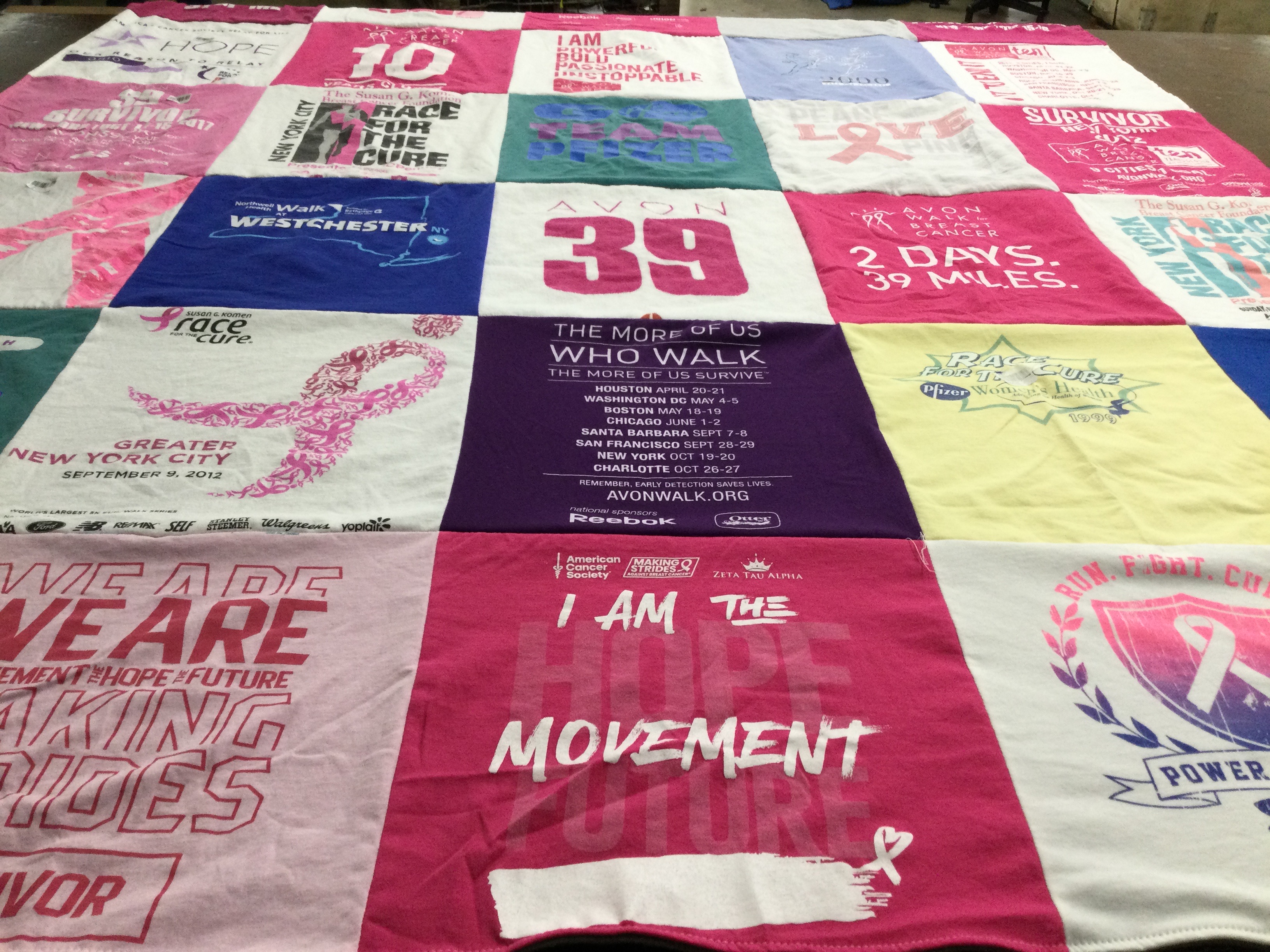 T-shirt quilt with breast cancer awareness, charity walks themes by Kimberley from NY