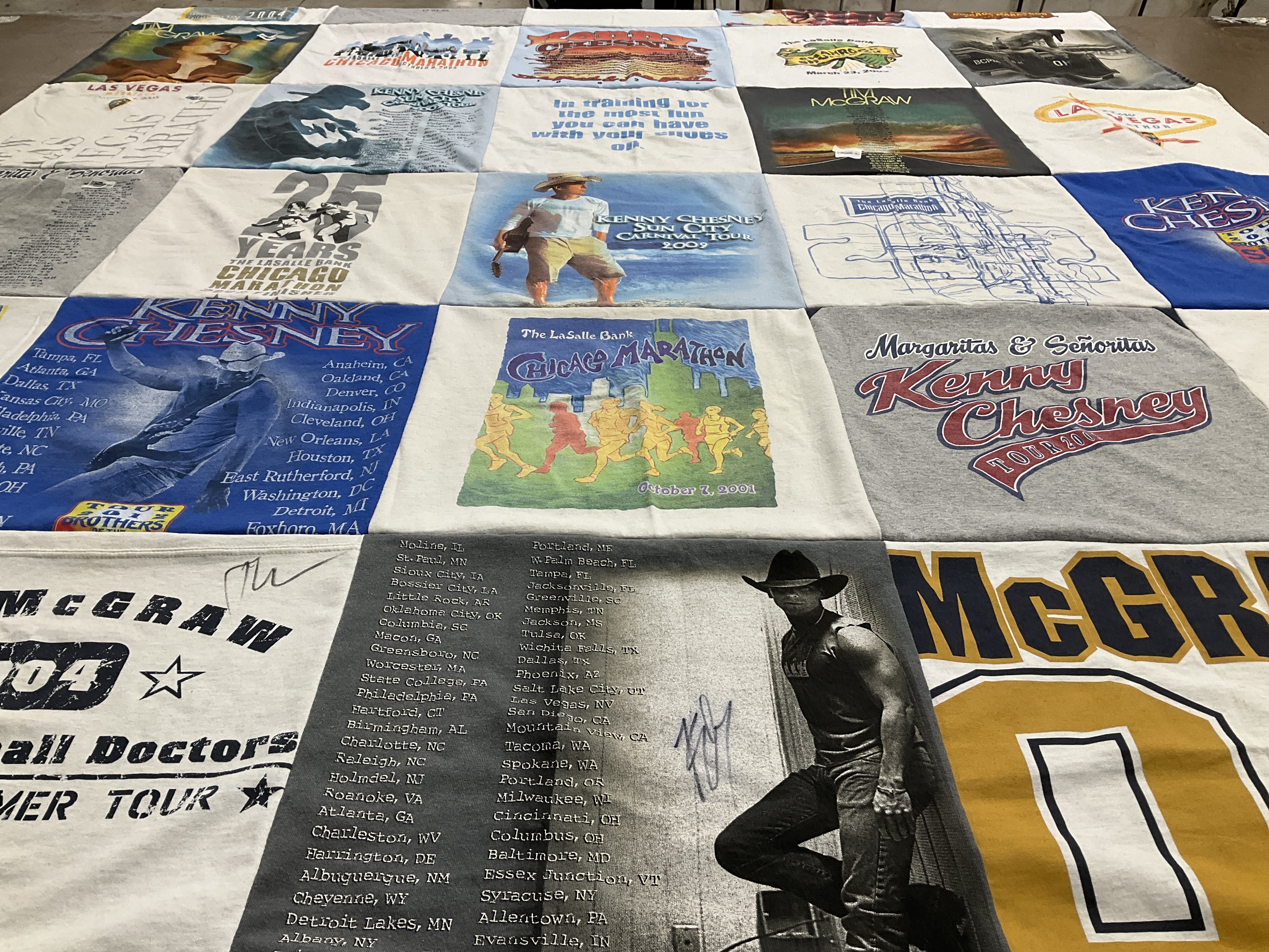 T-shirt quilt with country music, concerts themes by Joe from WI