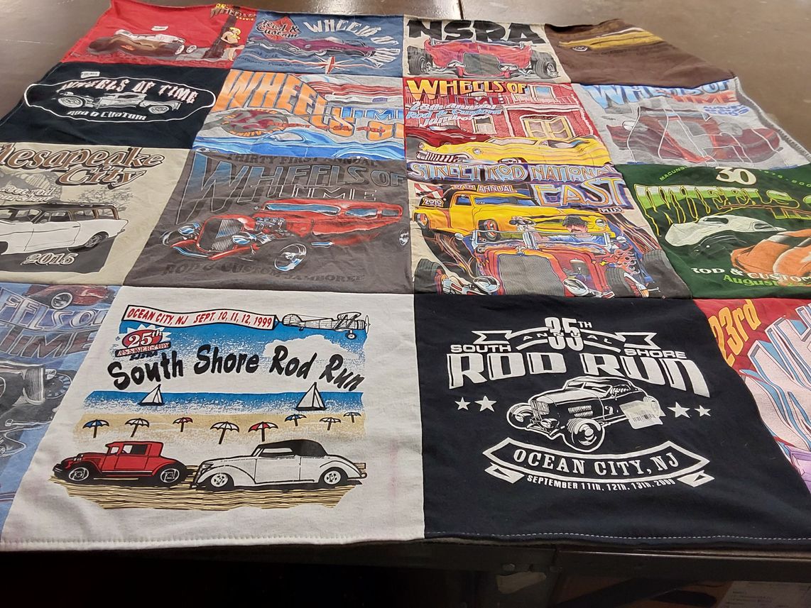 T-shirt quilt with car shows, automobile culture themes by Patricia from PA