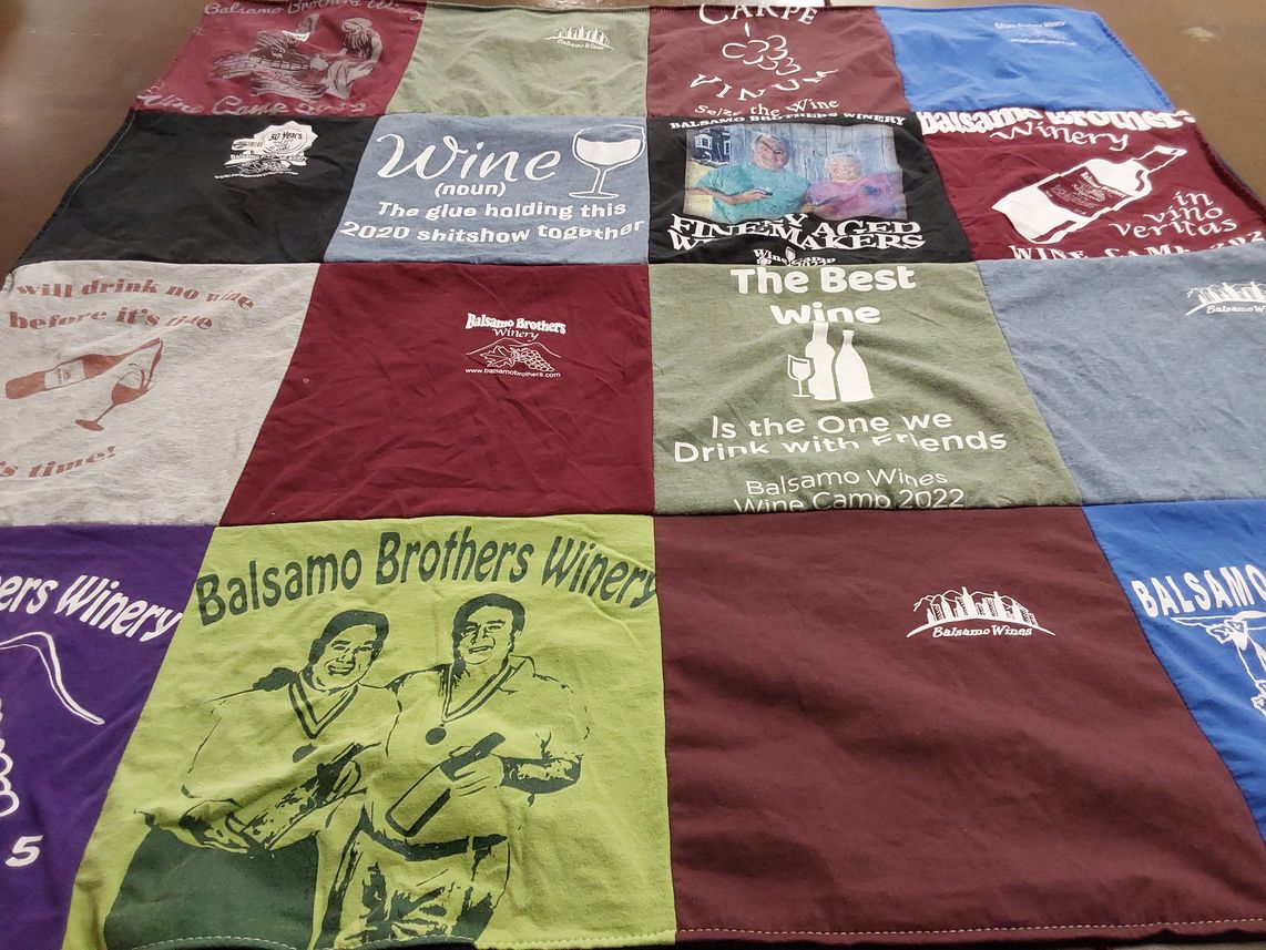 T-shirt quilt with wine, winemaking themes by Janine from CO