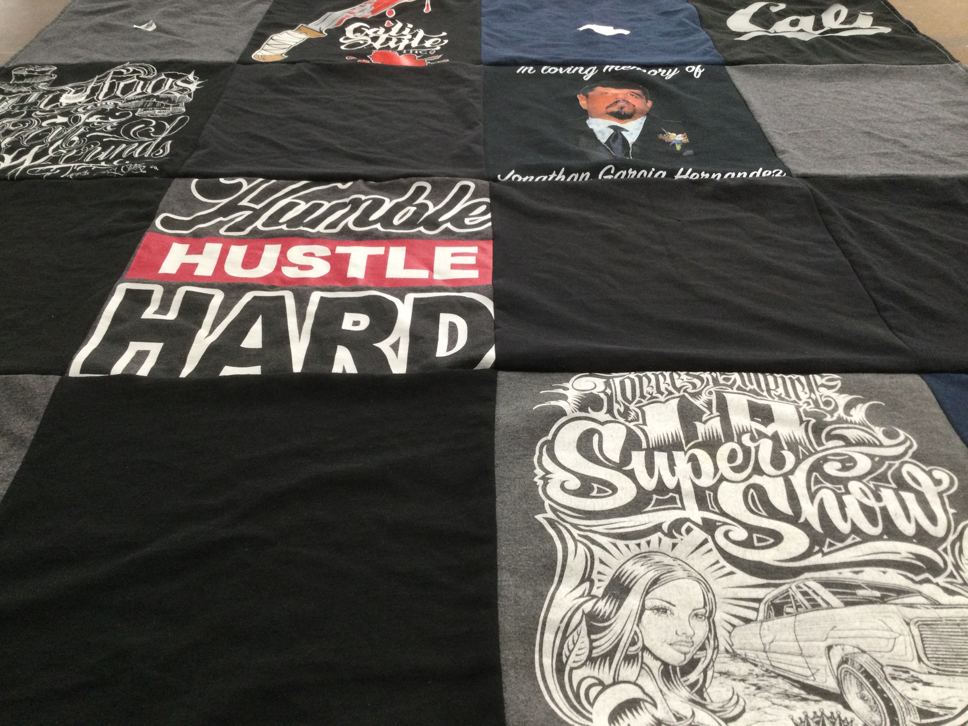 T-shirt quilt with car shows, memorials themes by Bianca from CA