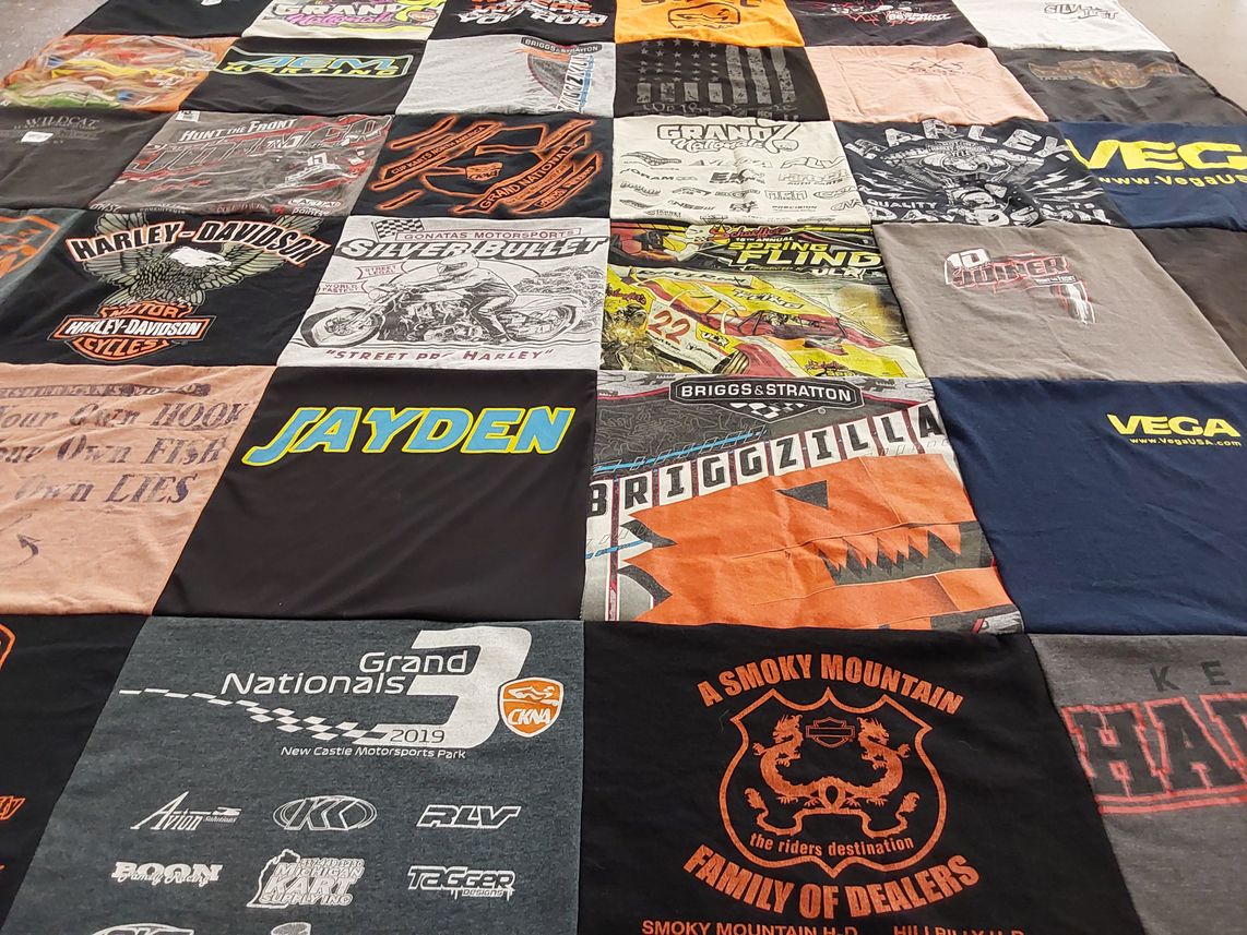 T-shirt quilt with motorcycles, racing themes by Barbara from KY