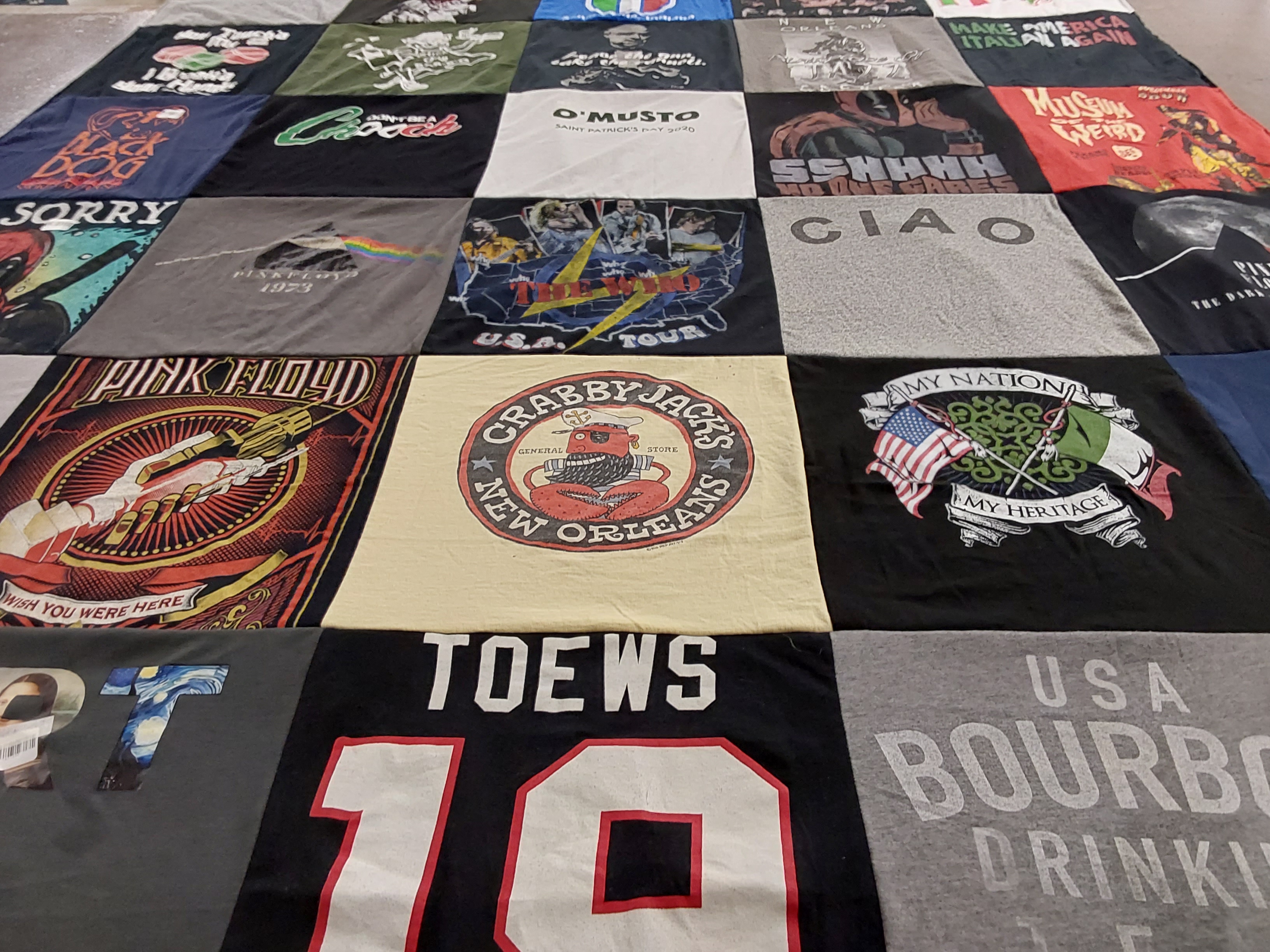 T-shirt quilt with music, food themes by Karen from IN