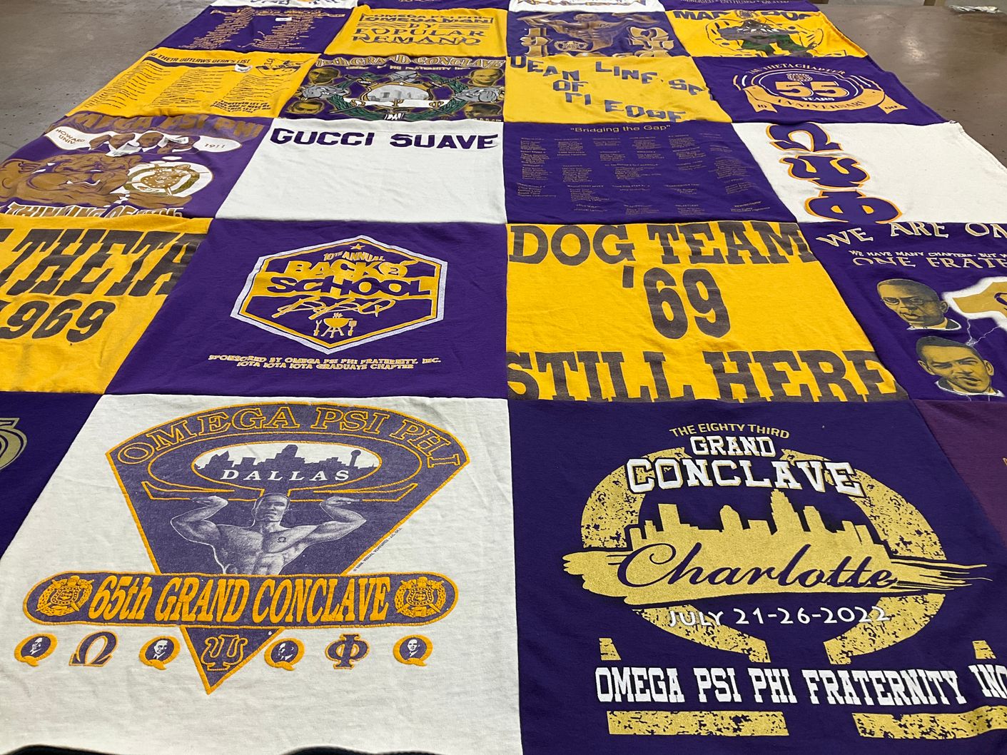 T-shirt quilt with fraternity, community themes by Paula from UT
