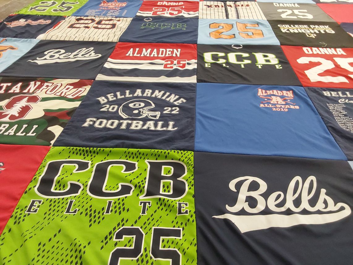 T-shirt quilt from stanford university, bellarmine college preparatory by Toni from CA
