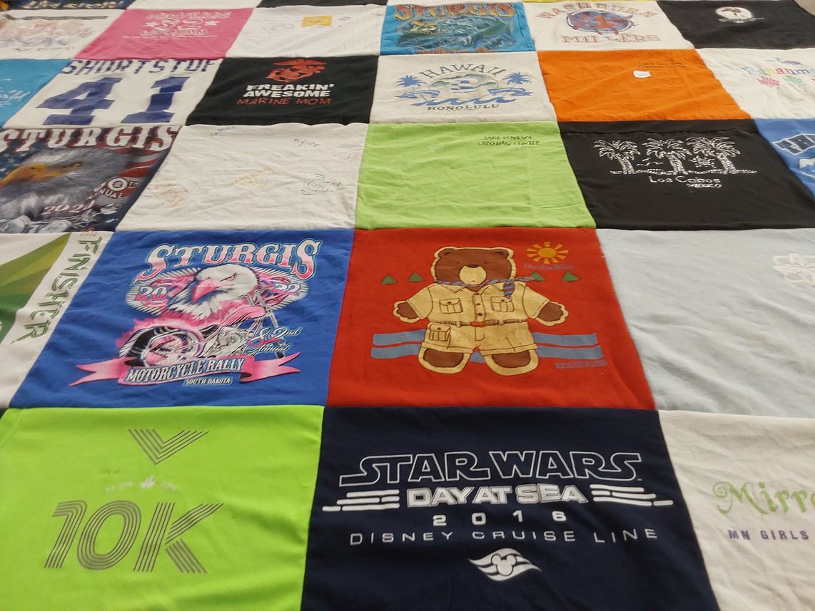 T-shirt quilt with motorcycles, travel themes by Judi from MN