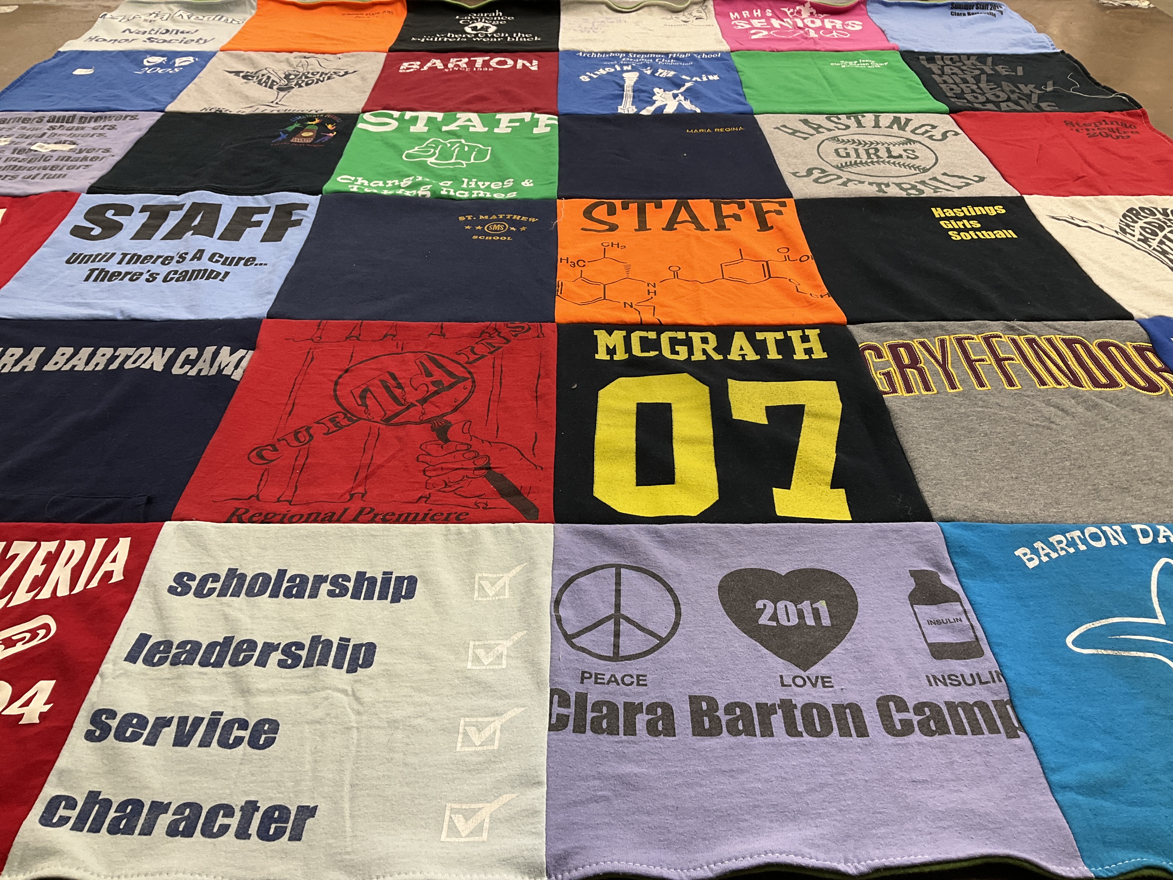T-shirt quilt from barton school, hastings girls school by Meaghan from NY