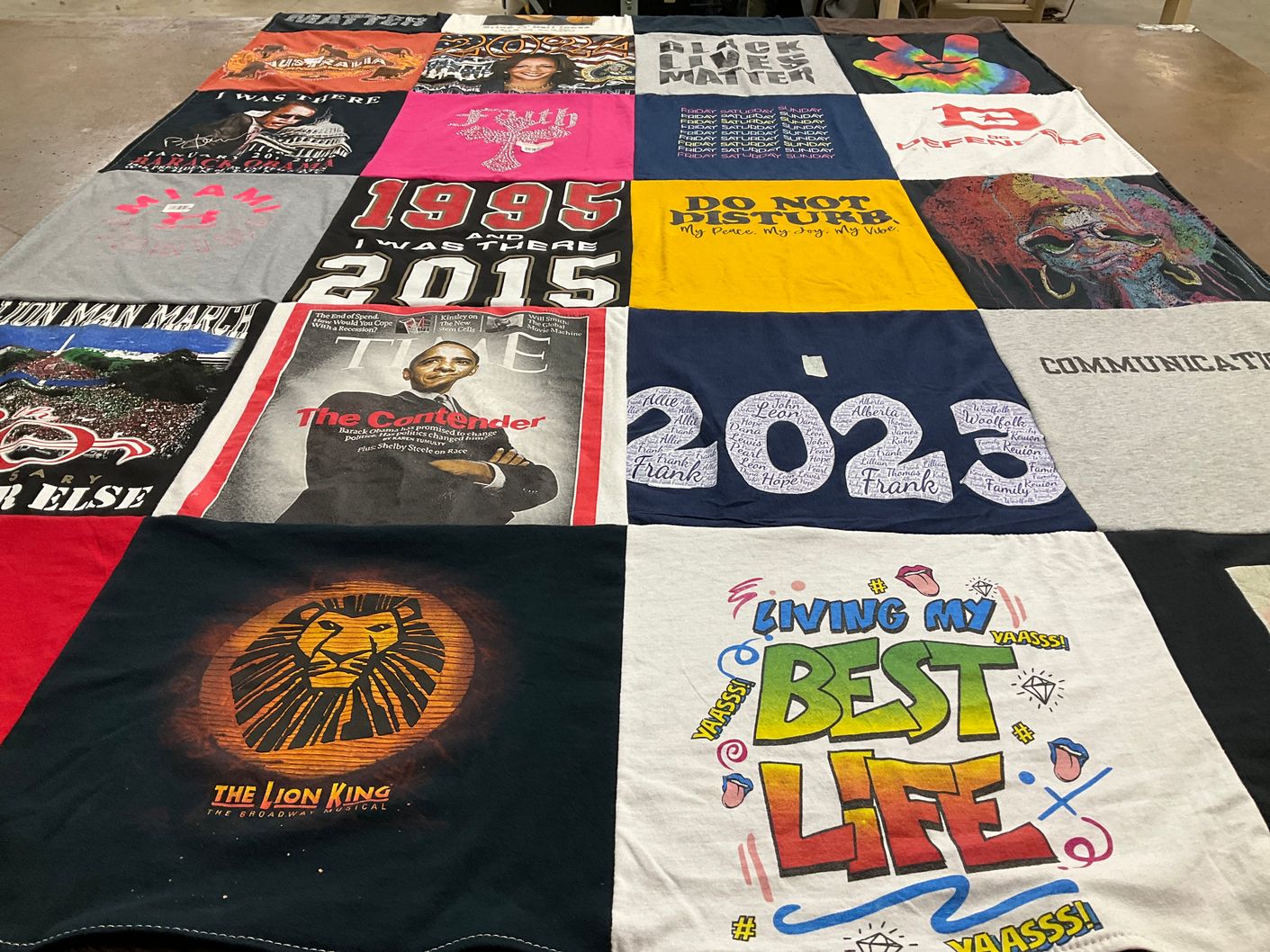 T-shirt quilt with theatre, social justice themes by Kimberly from MD