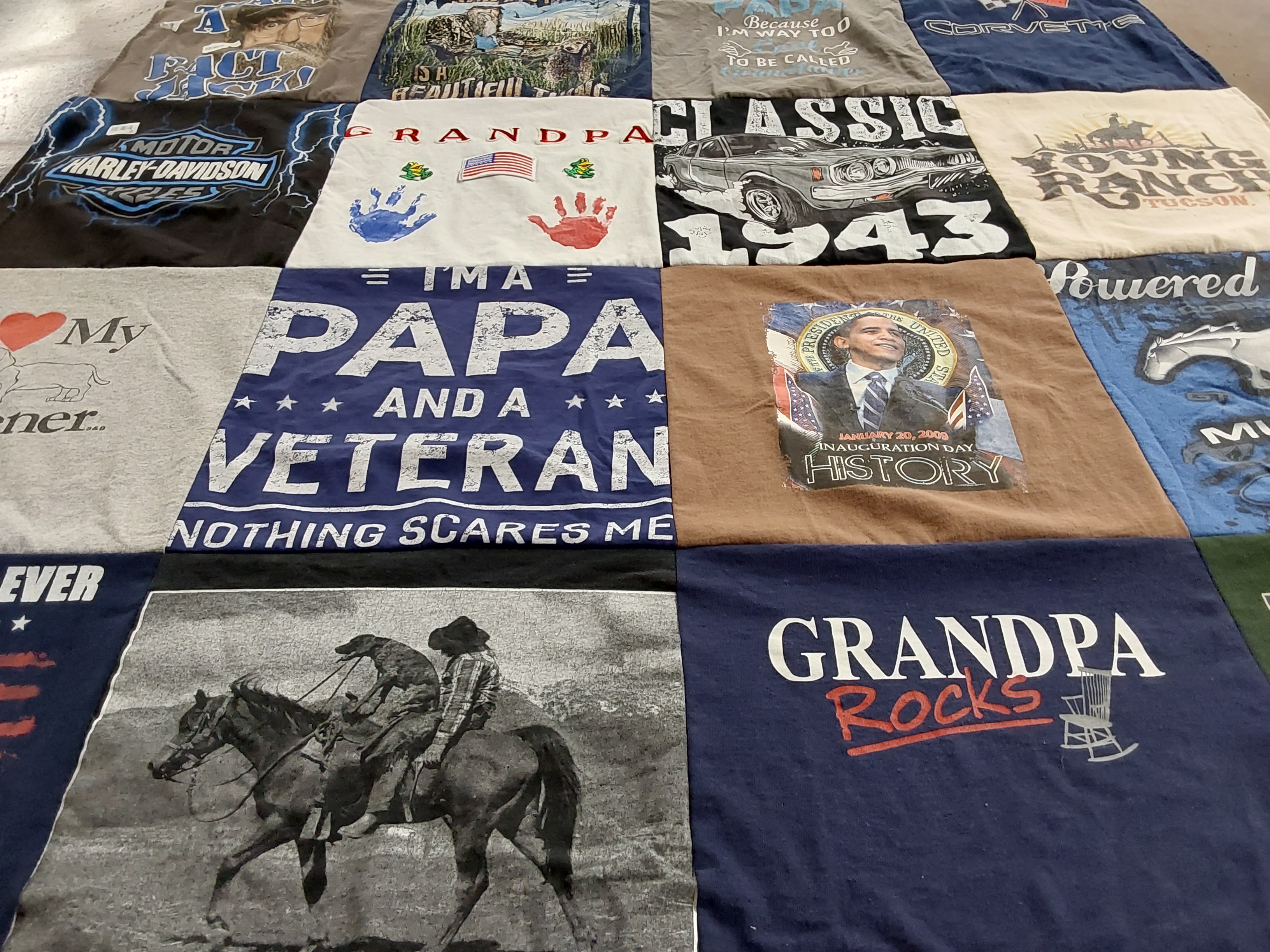 T-shirt quilt with history, motorcycles themes by Rosanne from MI
