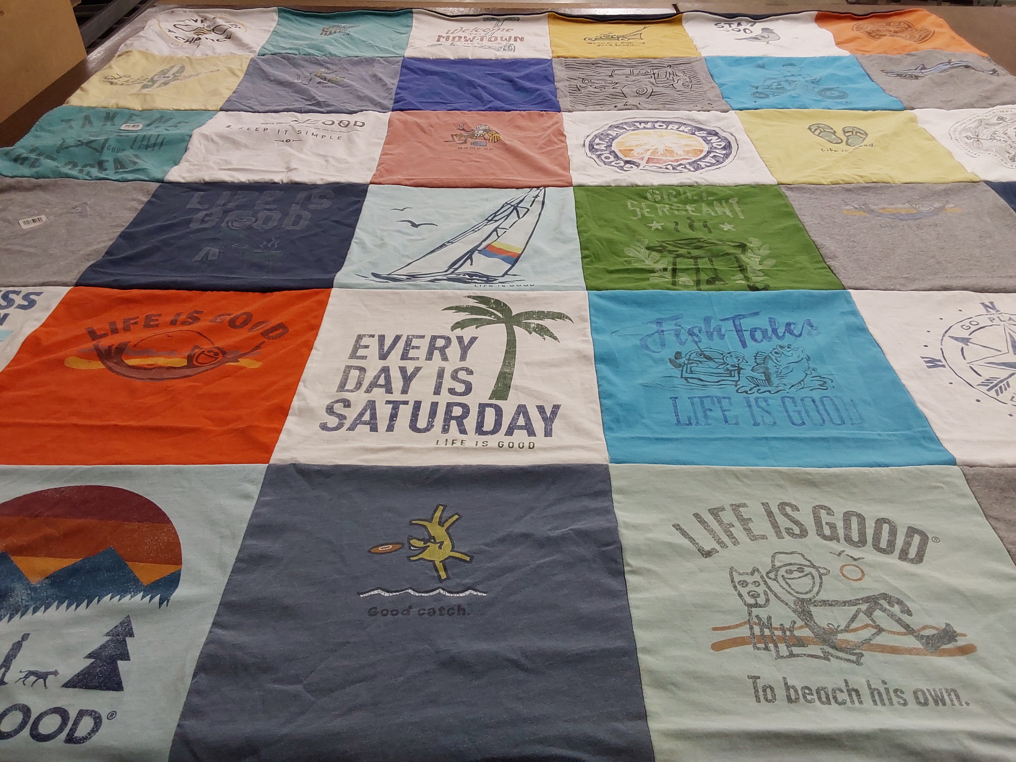 T-shirt quilt with fishing, outdoors themes by jane from OH