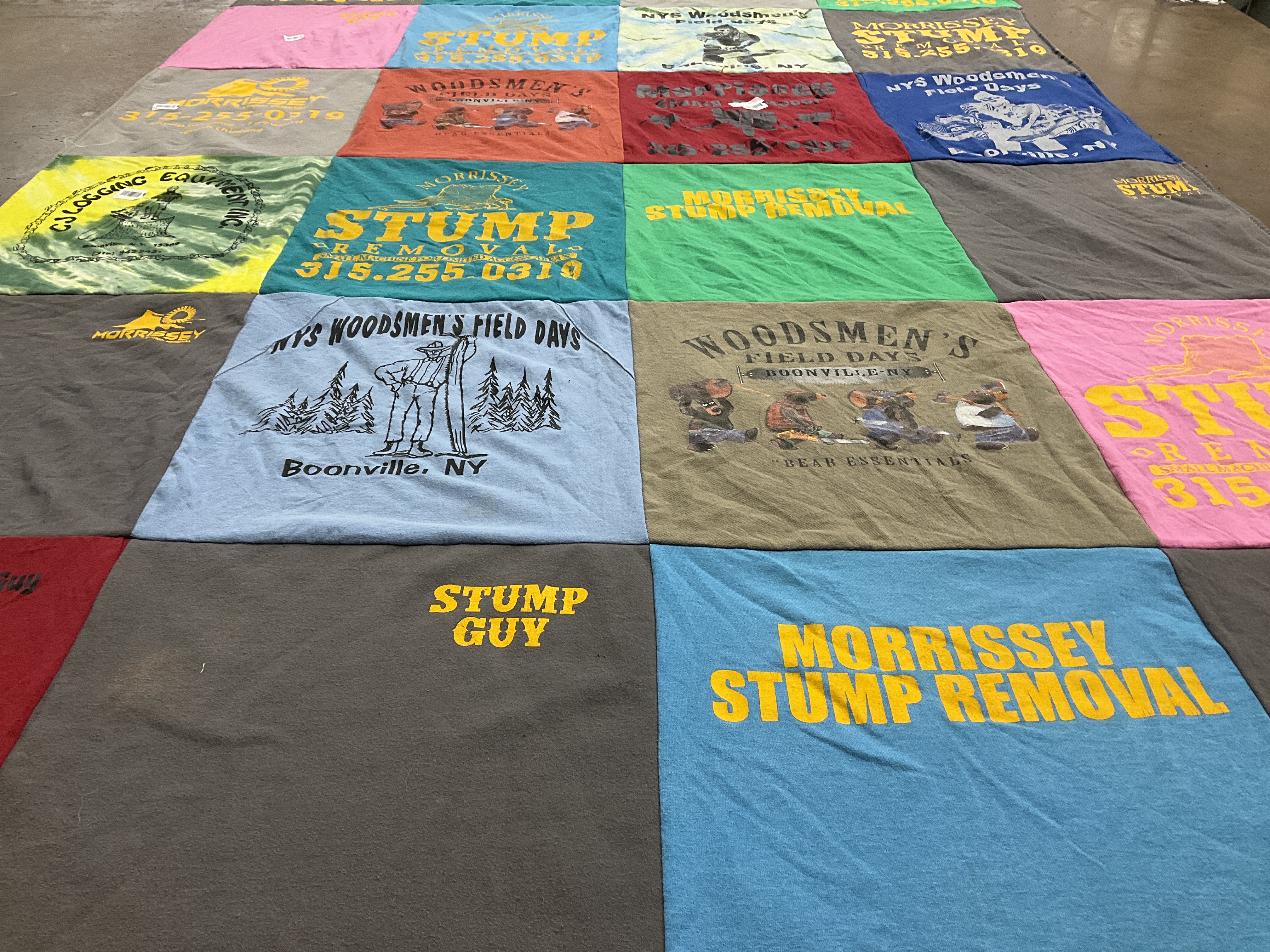 T-shirt quilt with stump removal, woodworking themes by Chelsea from NY