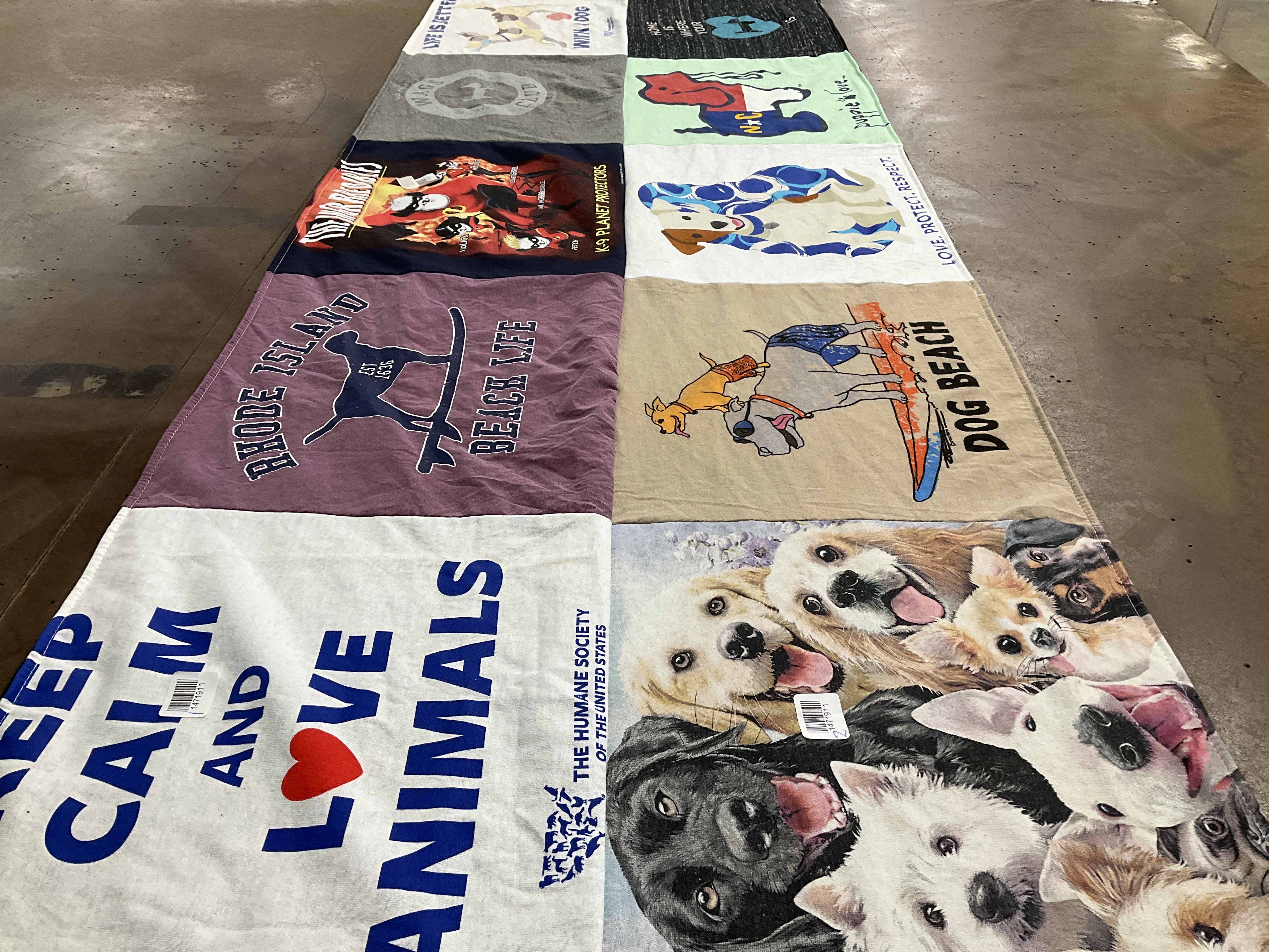 T-shirt quilt with animal welfare, beach activities themes by MJ from CA