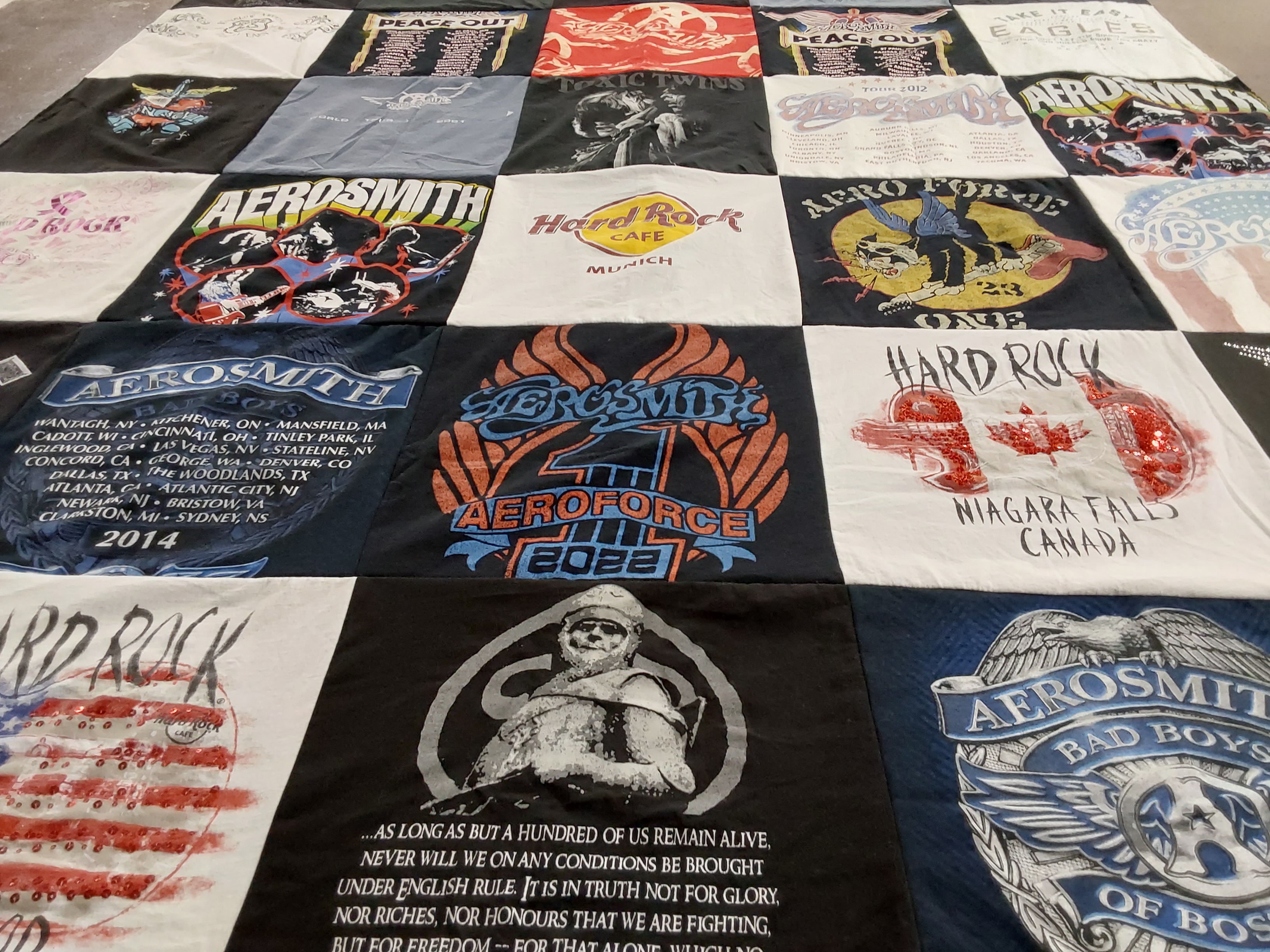 T-shirt quilt with music, rock music themes by Rachelle from MI