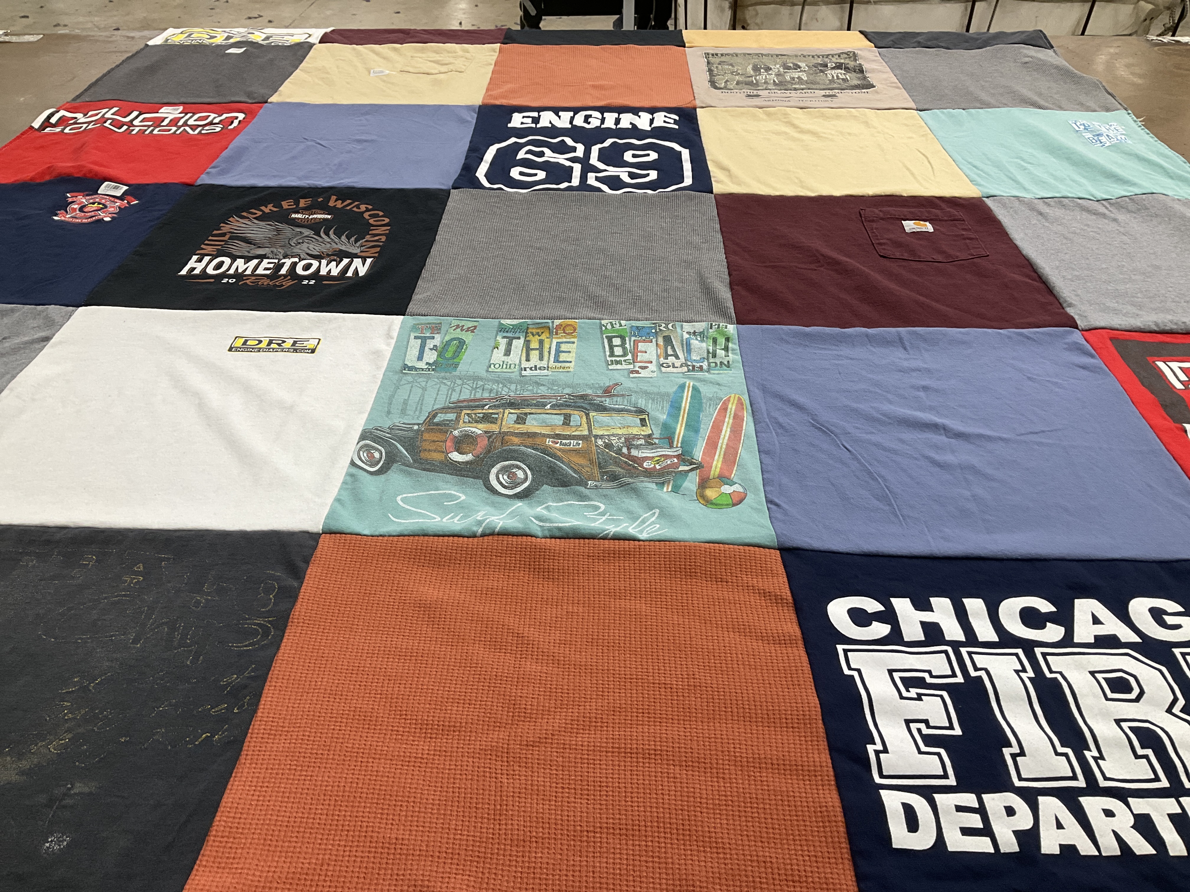 T-shirt quilt with firefighting, beach activities themes by Marybethe from IL