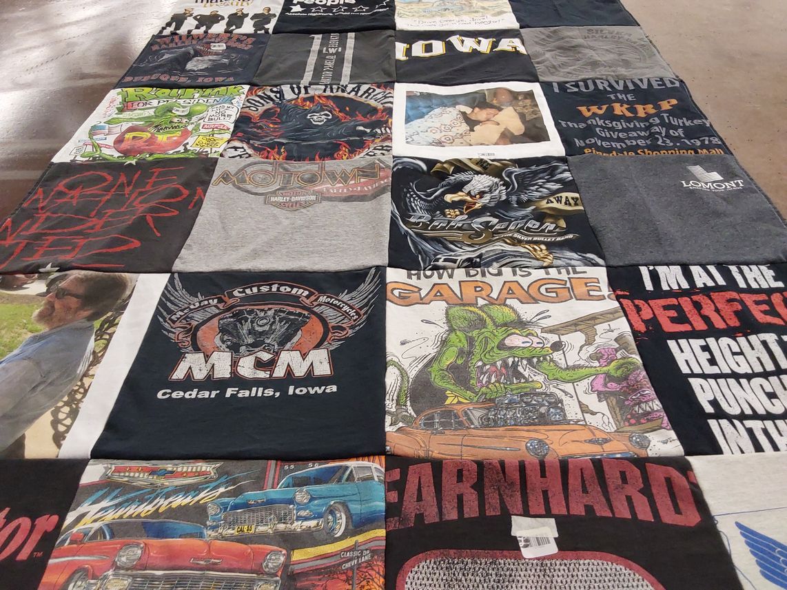 T-shirt quilt with motorcycles, cars themes by Danielle from IA