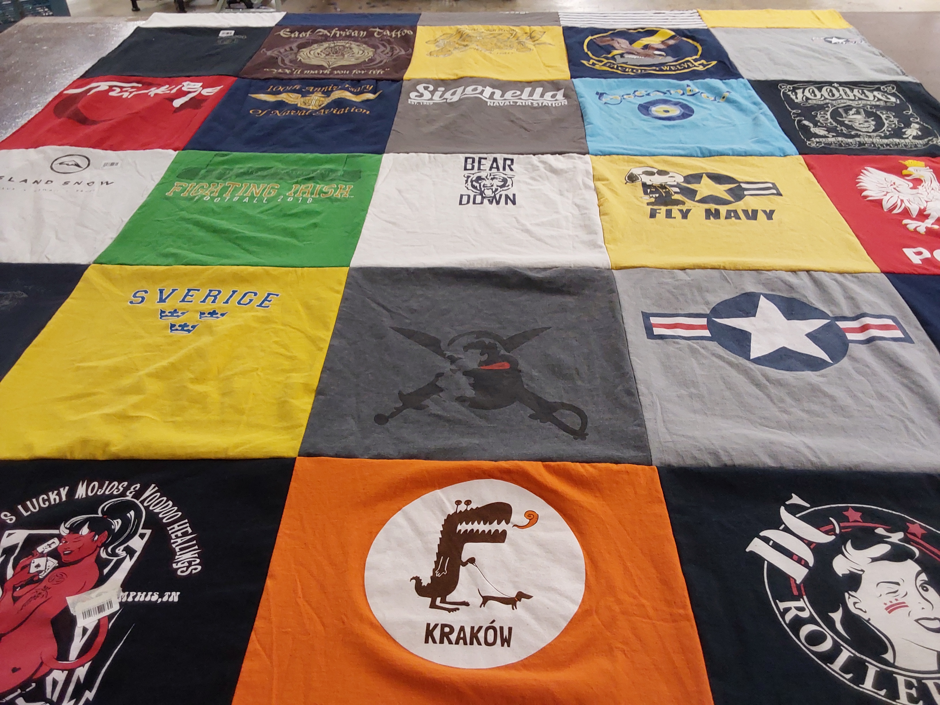T-shirt quilt with fishing, navy themes by Denise from CA