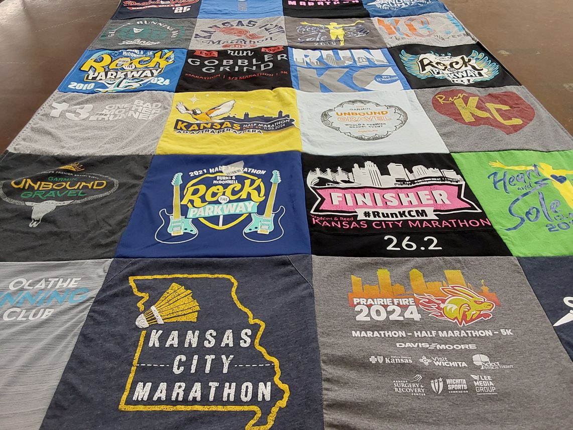 T-shirt quilt with running, marathon themes by Samantha from KS