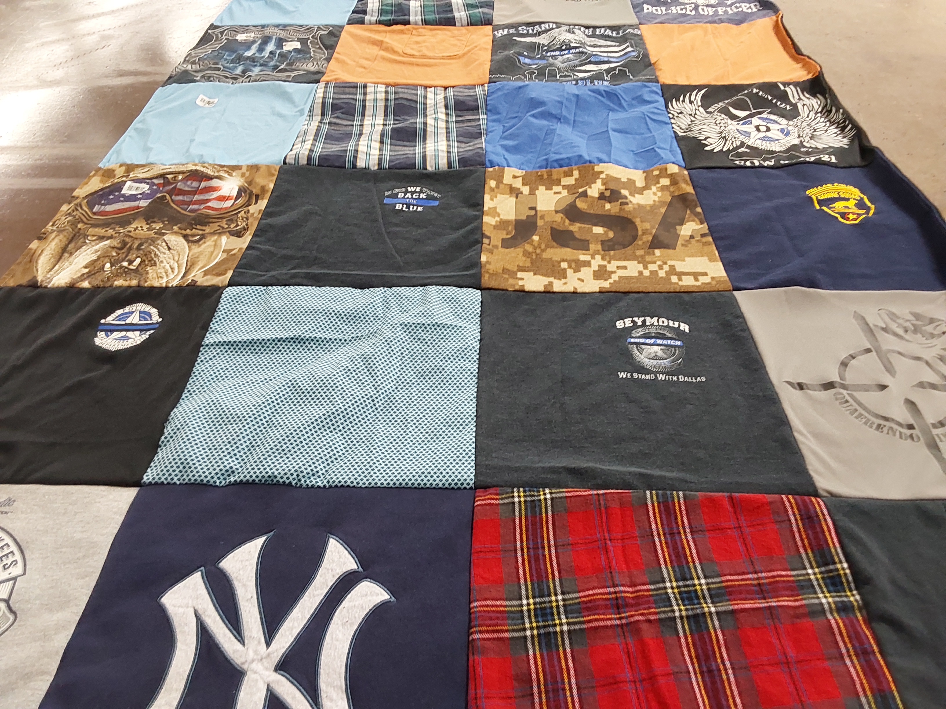 T-shirt quilt with law enforcement, patriotism themes by Lynnley from TX