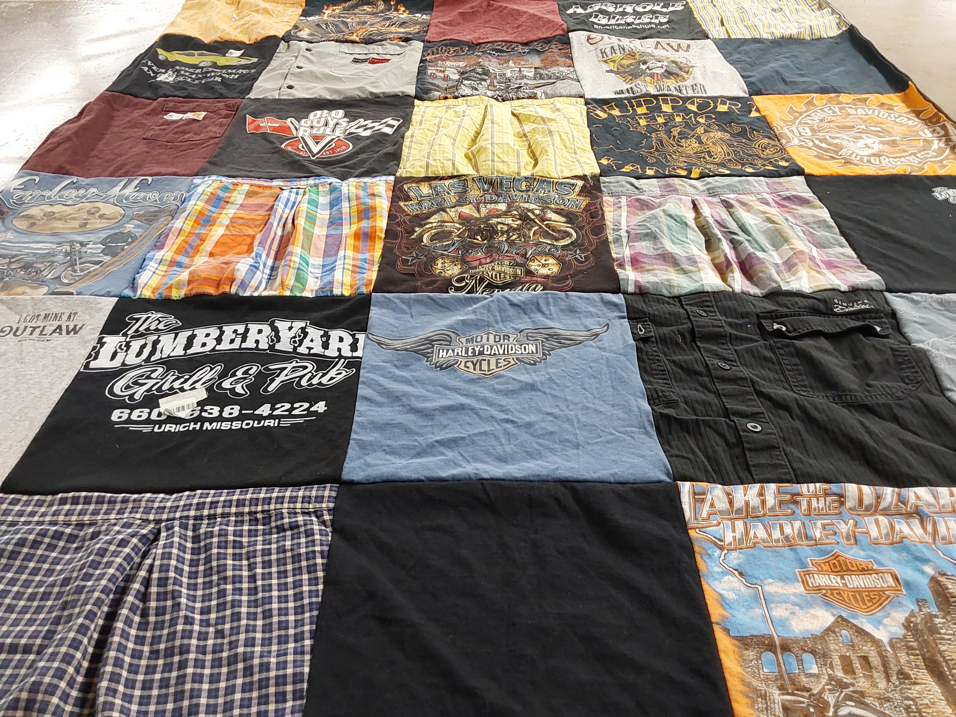 T-shirt quilt with motorcycles, biking themes by Jennie from MO