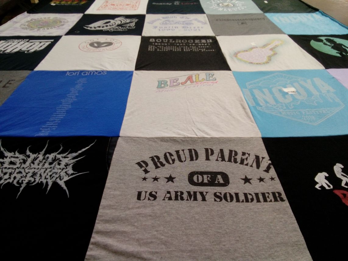 T-shirt quilt with music, military themes by CAROL from OH
