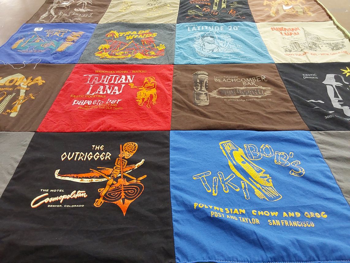 T-shirt quilt with tropical drinks, polynesian culture themes by Kathy from CA