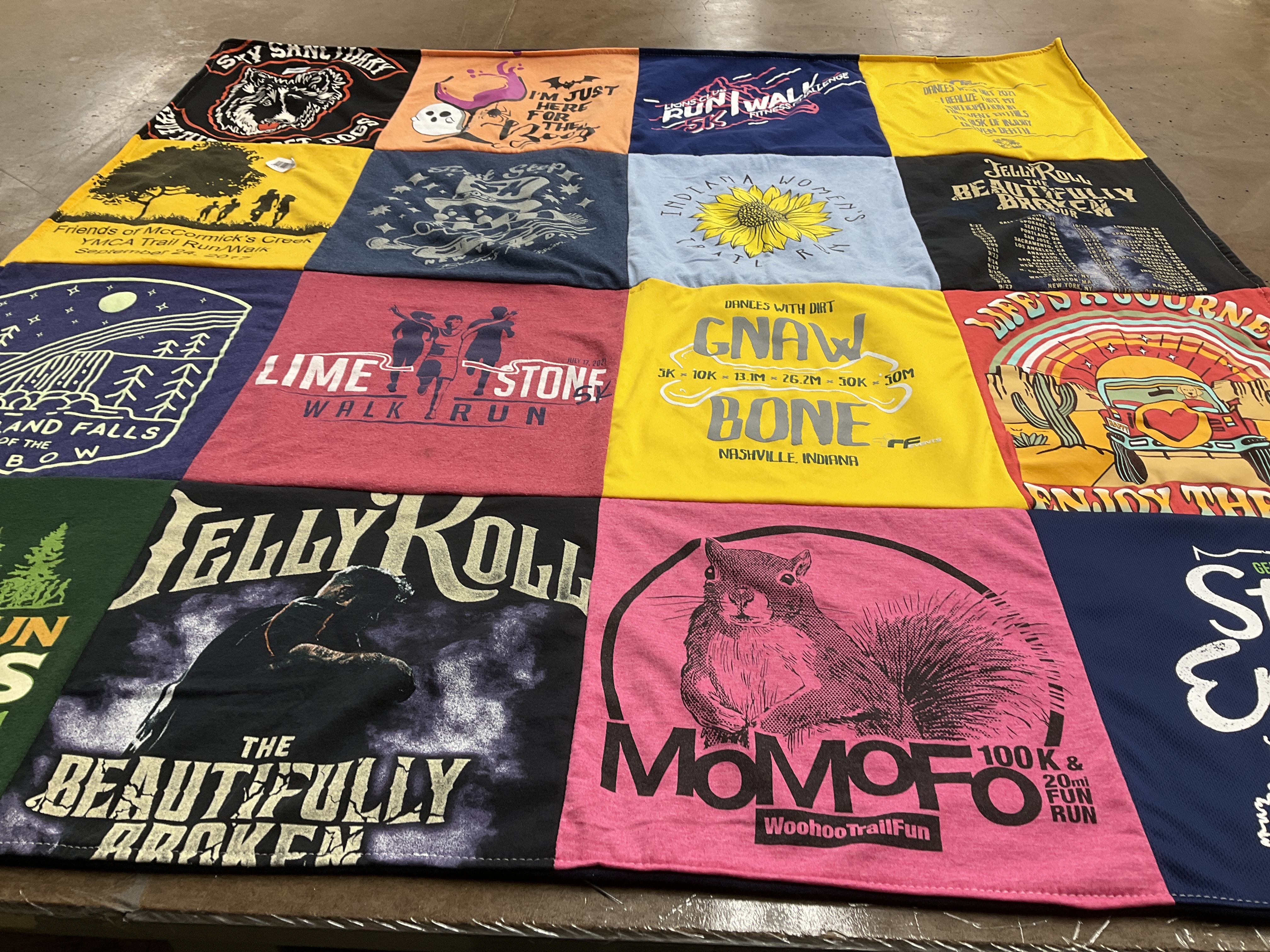 T-shirt quilt with running, outdoors themes by Traci from IN