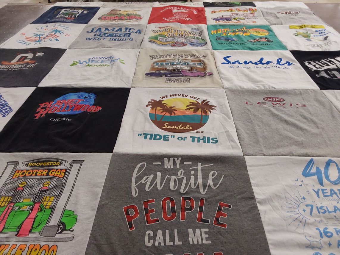 T-shirt quilt with travel, vacation themes by Sandy from IL