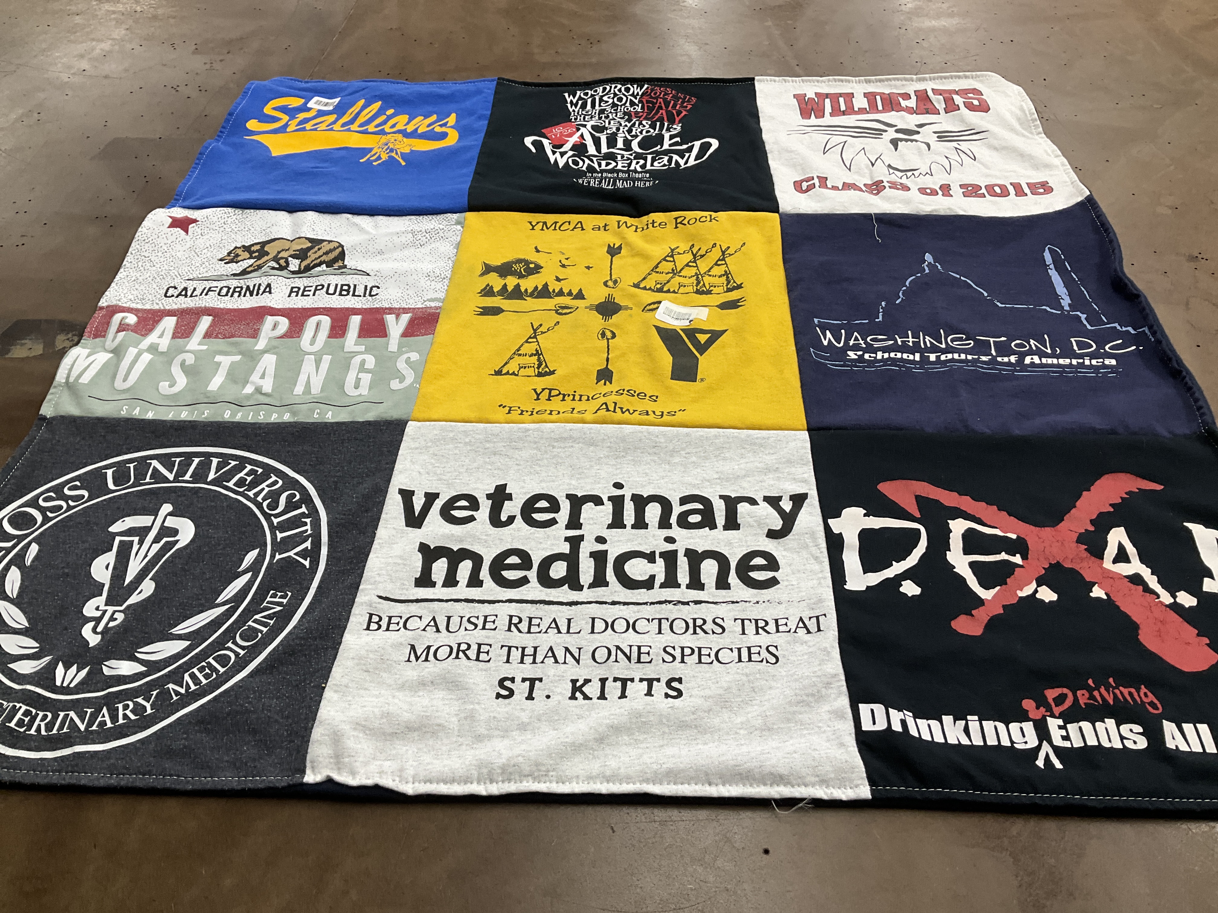 T-shirt quilt from ross university veterinary medicine, cal poly university by Margie from TX